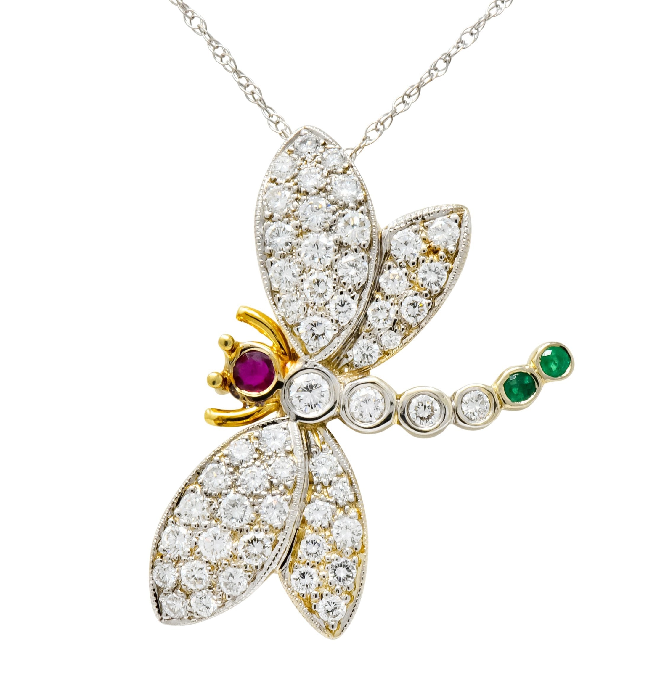 Contemporary 2.36 CTW Diamond Emerald Ruby 18 Karat Two-Tone Gold Dragonfly Pendant Necklace - Wilson's Estate Jewelry