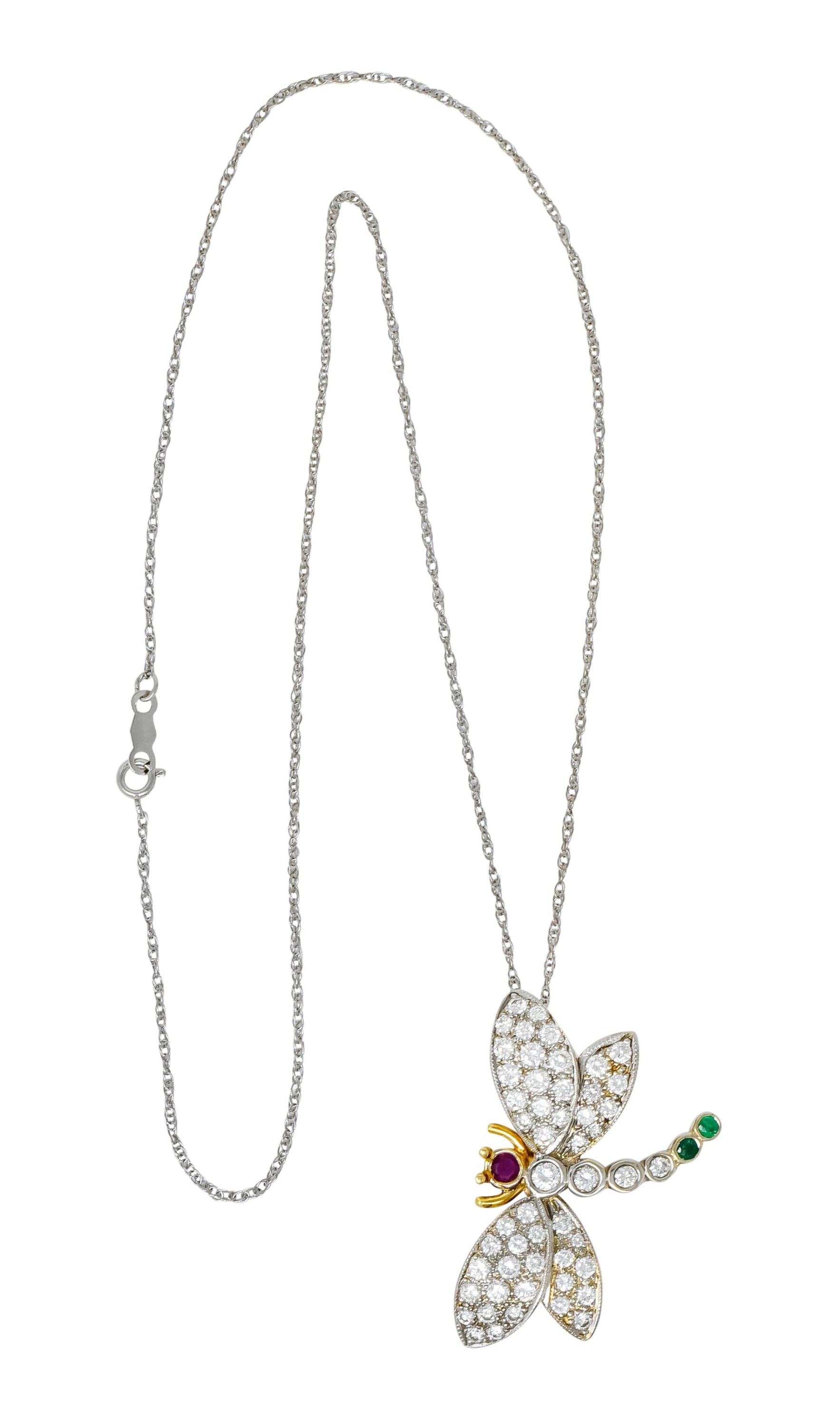 Contemporary 2.36 CTW Diamond Emerald Ruby 18 Karat Two-Tone Gold Dragonfly Pendant Necklace - Wilson's Estate Jewelry