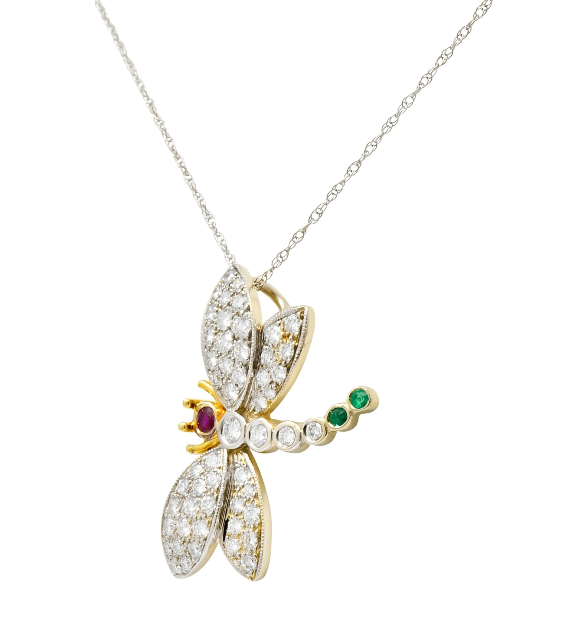 Contemporary 2.36 CTW Diamond Emerald Ruby 18 Karat Two-Tone Gold Dragonfly Pendant Necklace - Wilson's Estate Jewelry
