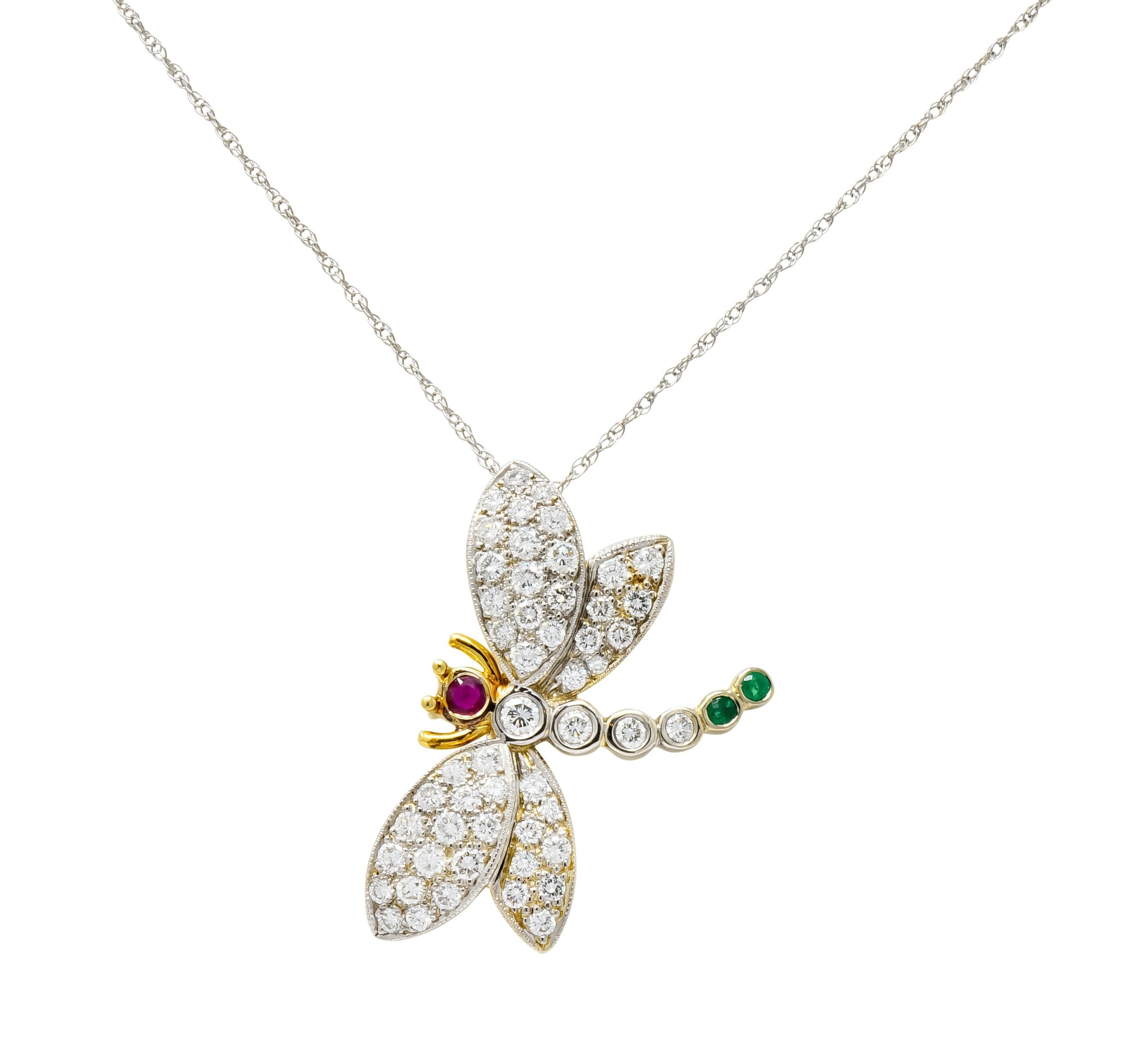 Contemporary 2.36 CTW Diamond Emerald Ruby 18 Karat Two-Tone Gold Dragonfly Pendant Necklace - Wilson's Estate Jewelry