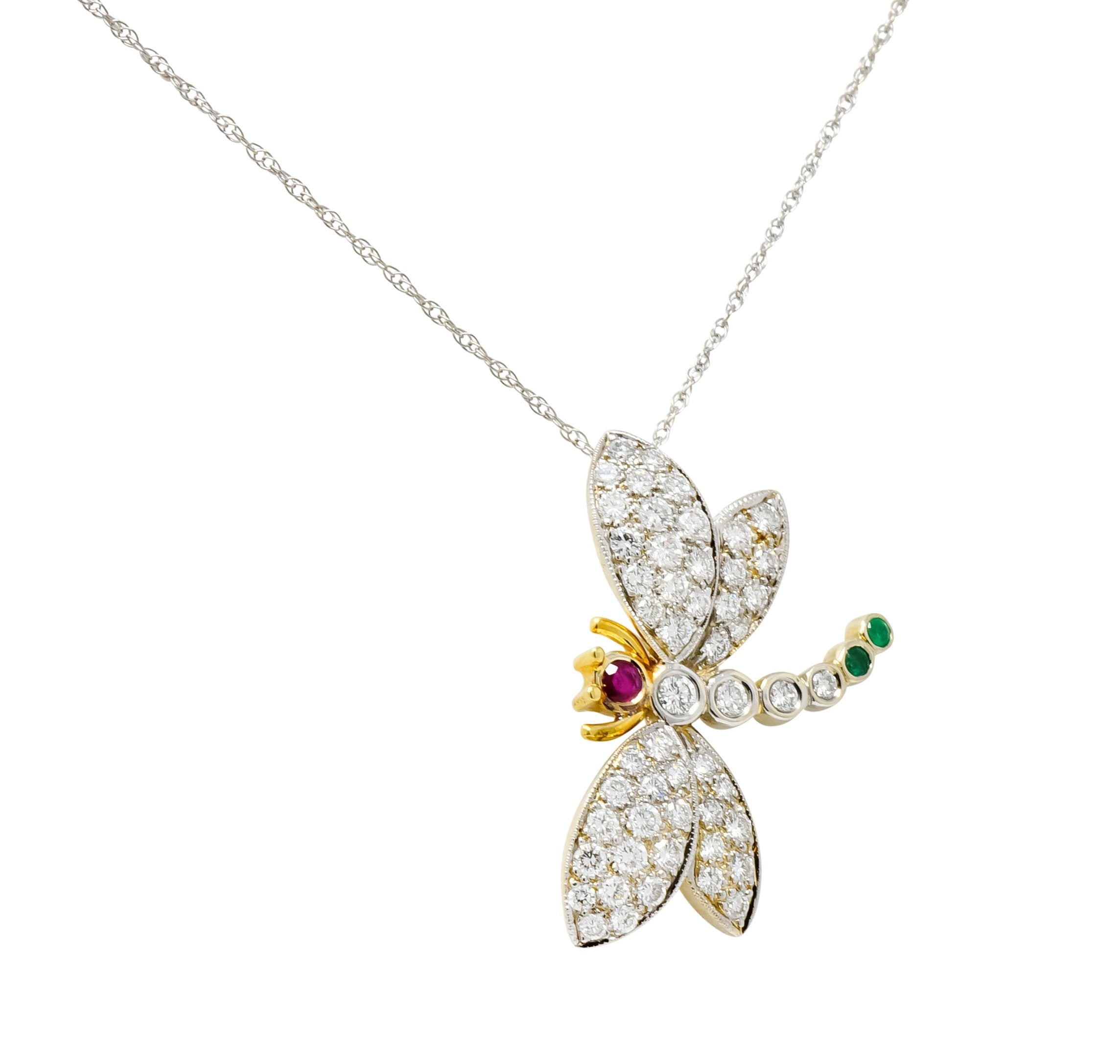 Contemporary 2.36 CTW Diamond Emerald Ruby 18 Karat Two-Tone Gold Dragonfly Pendant Necklace - Wilson's Estate Jewelry