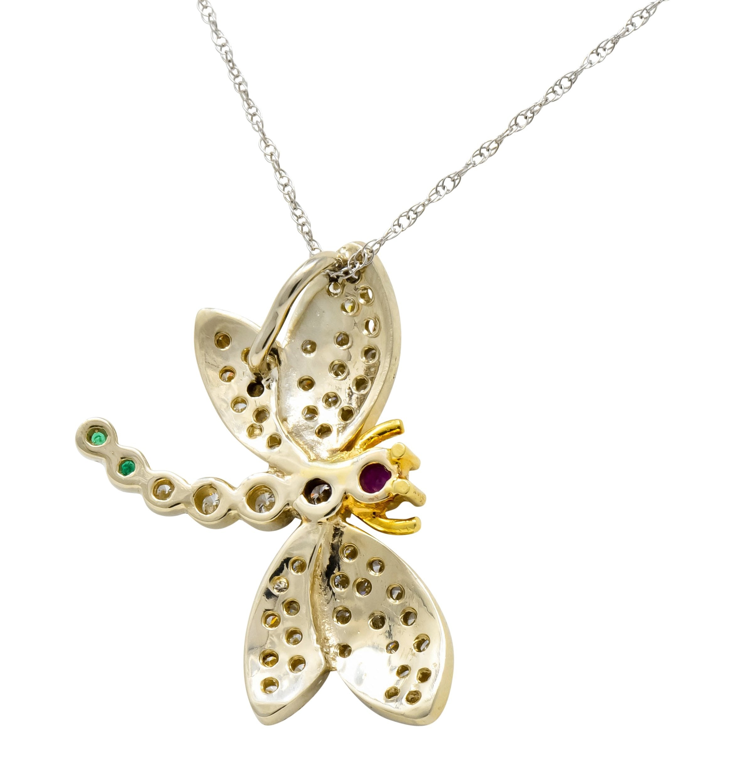 Contemporary 2.36 CTW Diamond Emerald Ruby 18 Karat Two-Tone Gold Dragonfly Pendant Necklace - Wilson's Estate Jewelry