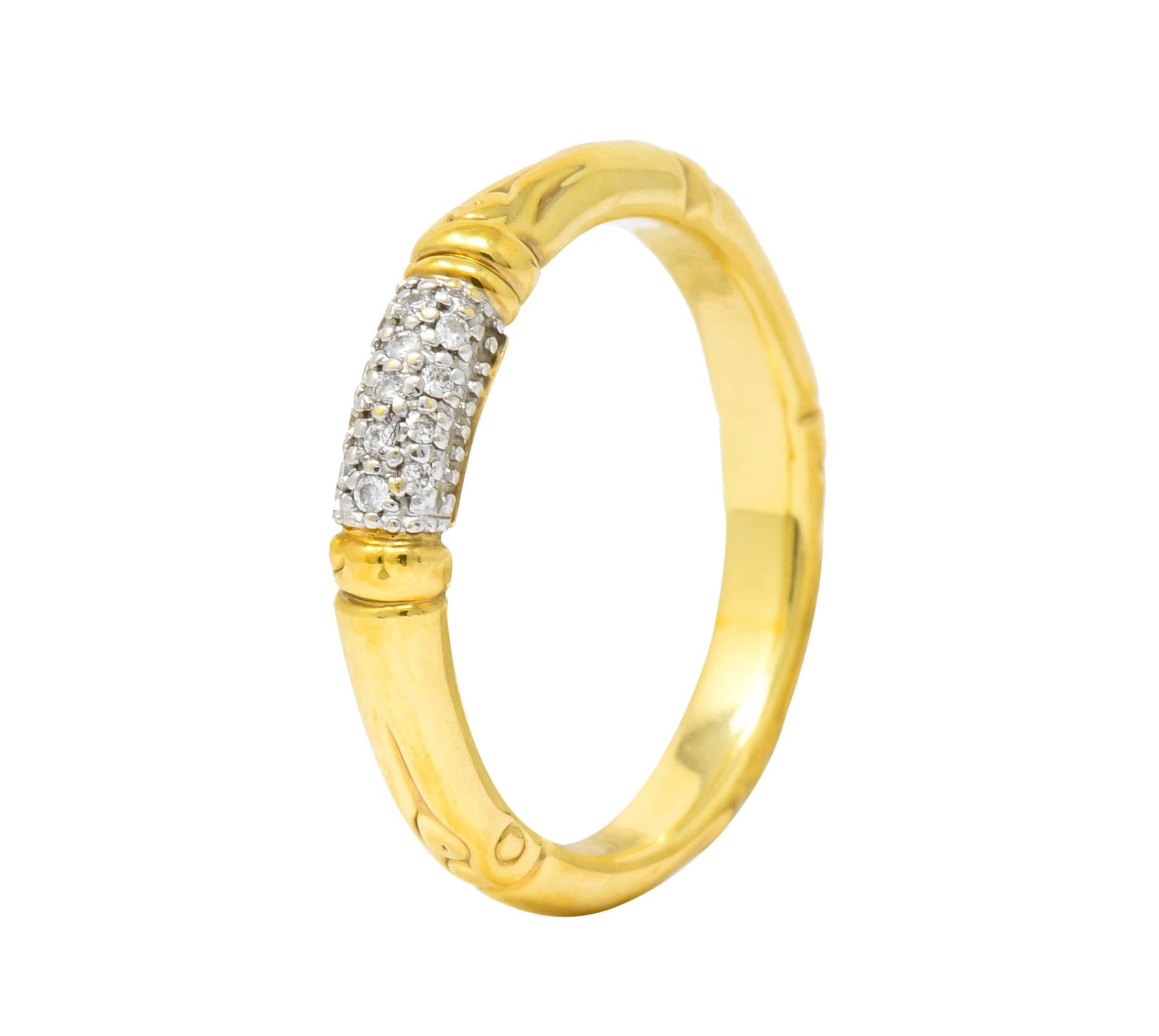 Contemporary John Hardy Pave Diamond 18 Karat Gold Bamboo Band Ring - Wilson's Estate Jewelry