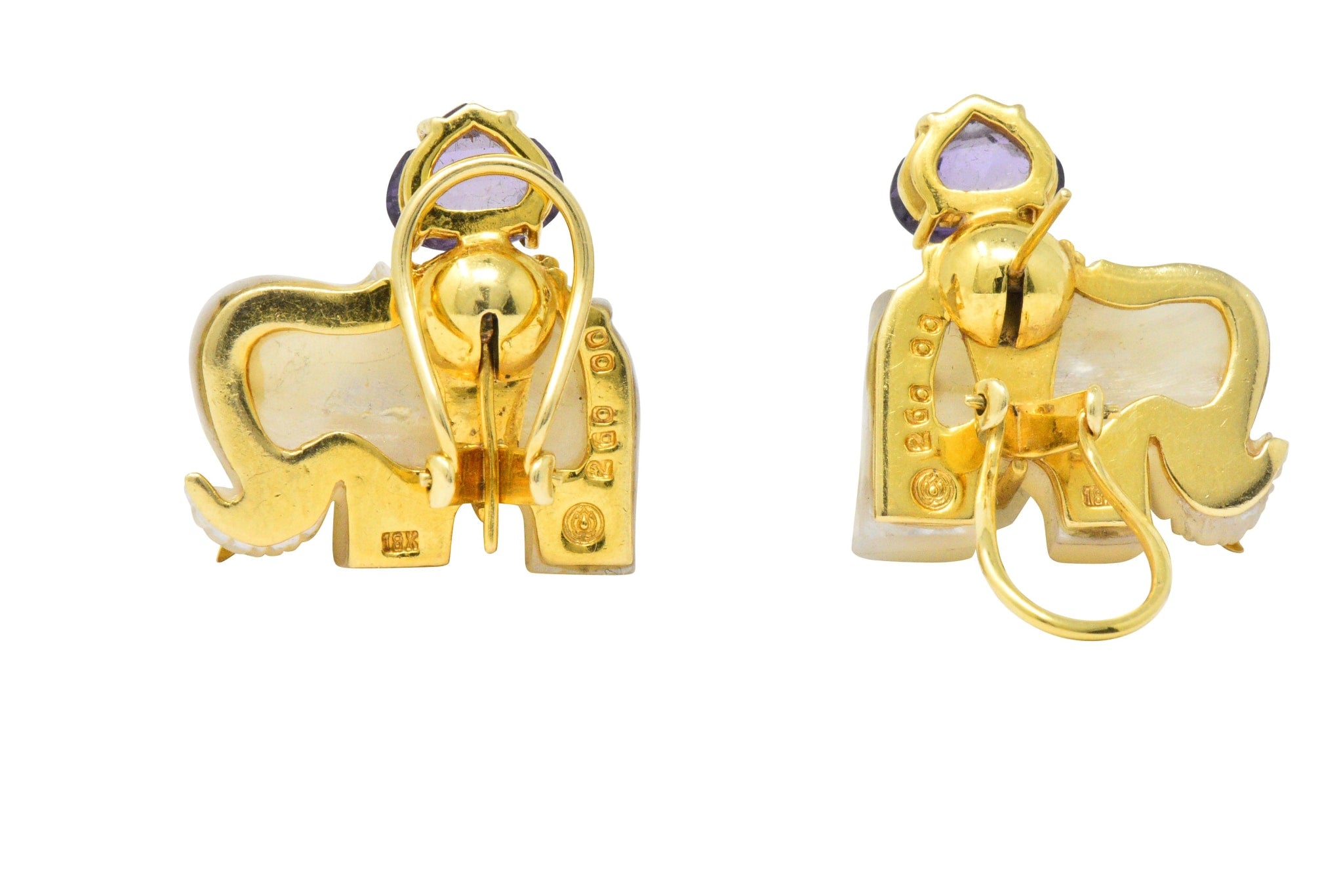 Contemporary Mother-Of-Pearl Amethyst Diamond 18 Karat Gold Elephant Earrings Wilson's Estate Jewelry