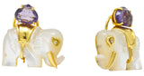 Contemporary Mother-Of-Pearl Amethyst Diamond 18 Karat Gold Elephant Earrings Wilson's Estate Jewelry