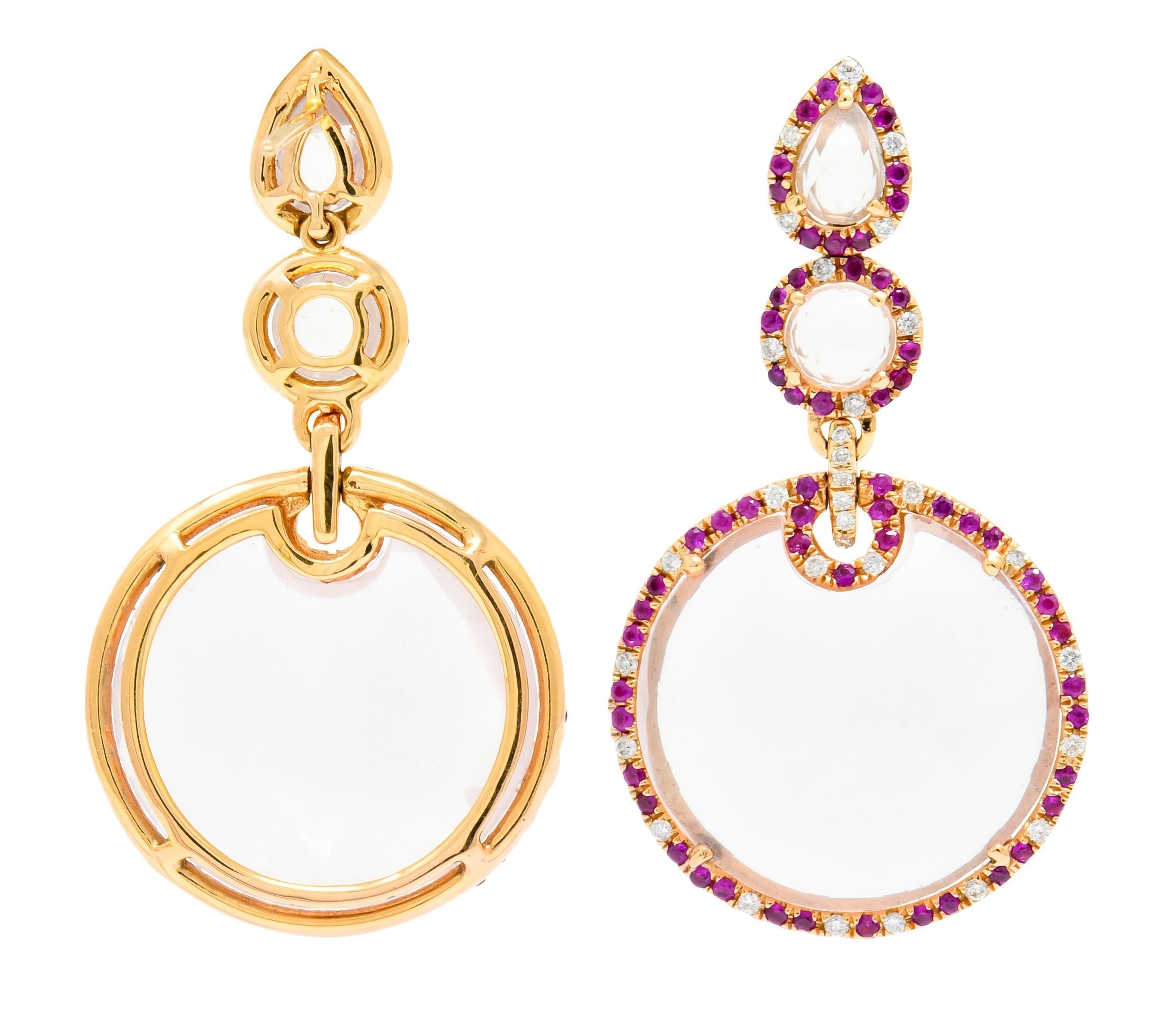 Contemporary Rose Quartz Ruby Diamond 18 Karat Rose Gold Drop Earrings - Wilson's Estate Jewelry