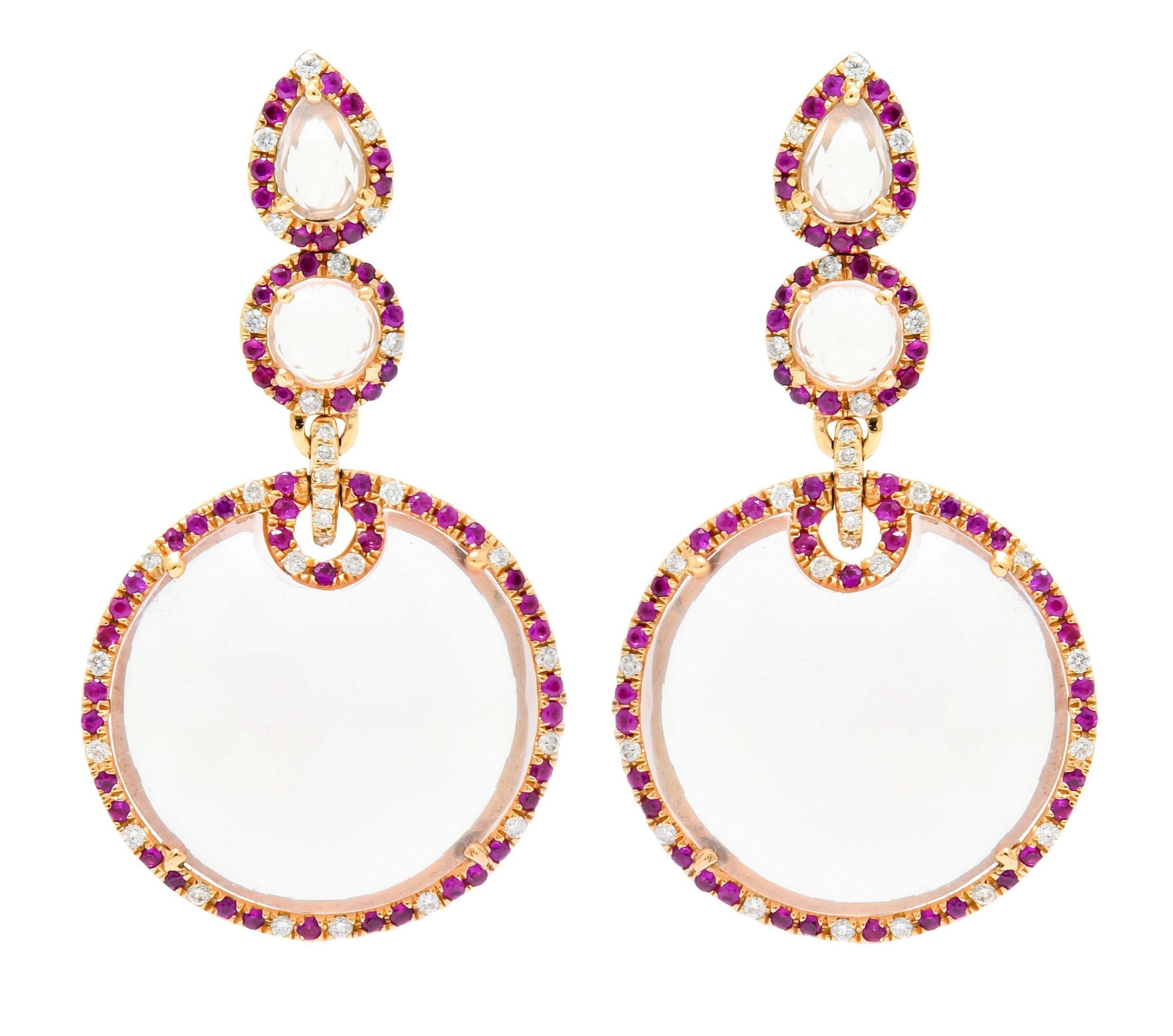 Contemporary Rose Quartz Ruby Diamond 18 Karat Rose Gold Drop Earrings - Wilson's Estate Jewelry