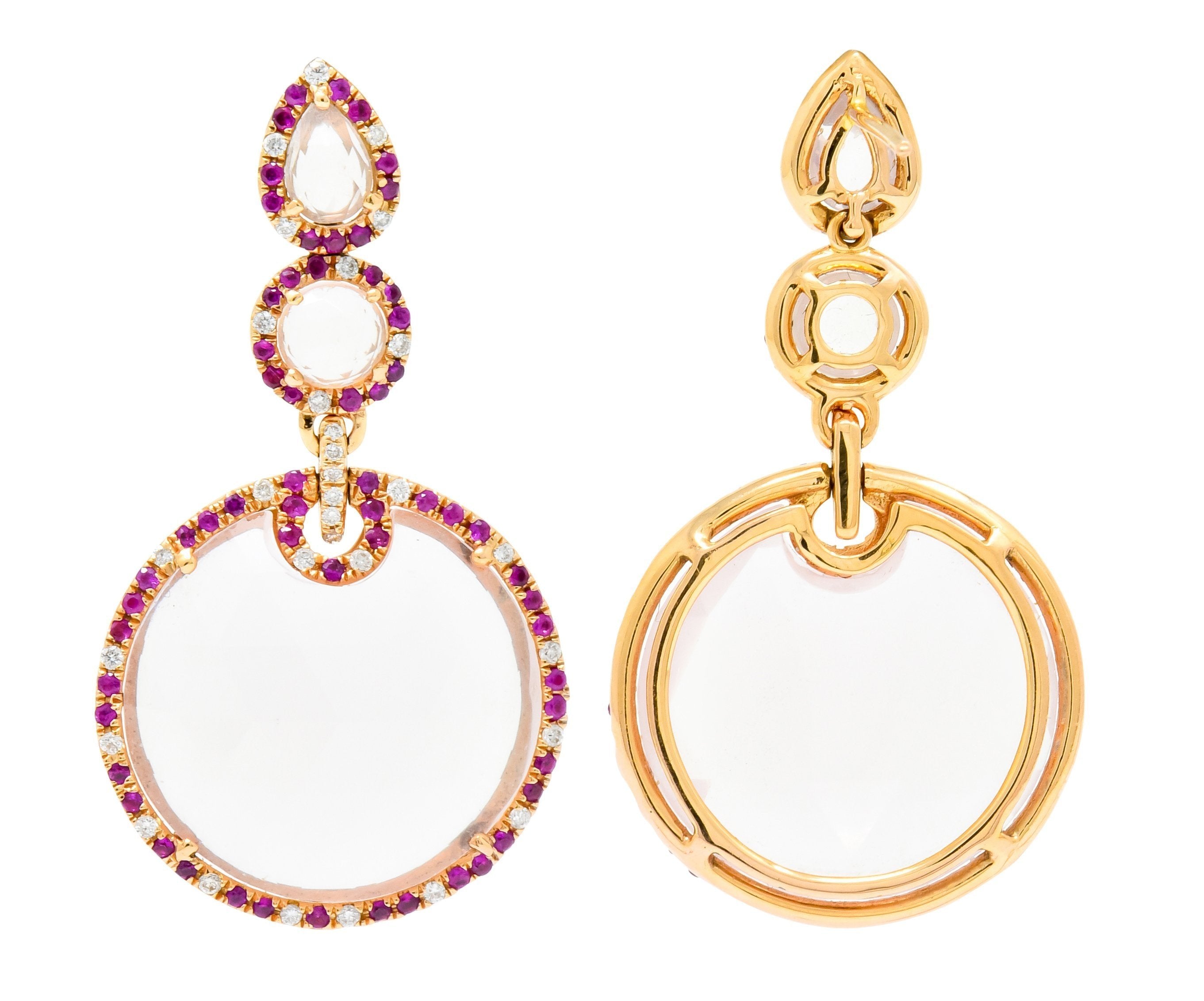 Contemporary Rose Quartz Ruby Diamond 18 Karat Rose Gold Drop Earrings - Wilson's Estate Jewelry