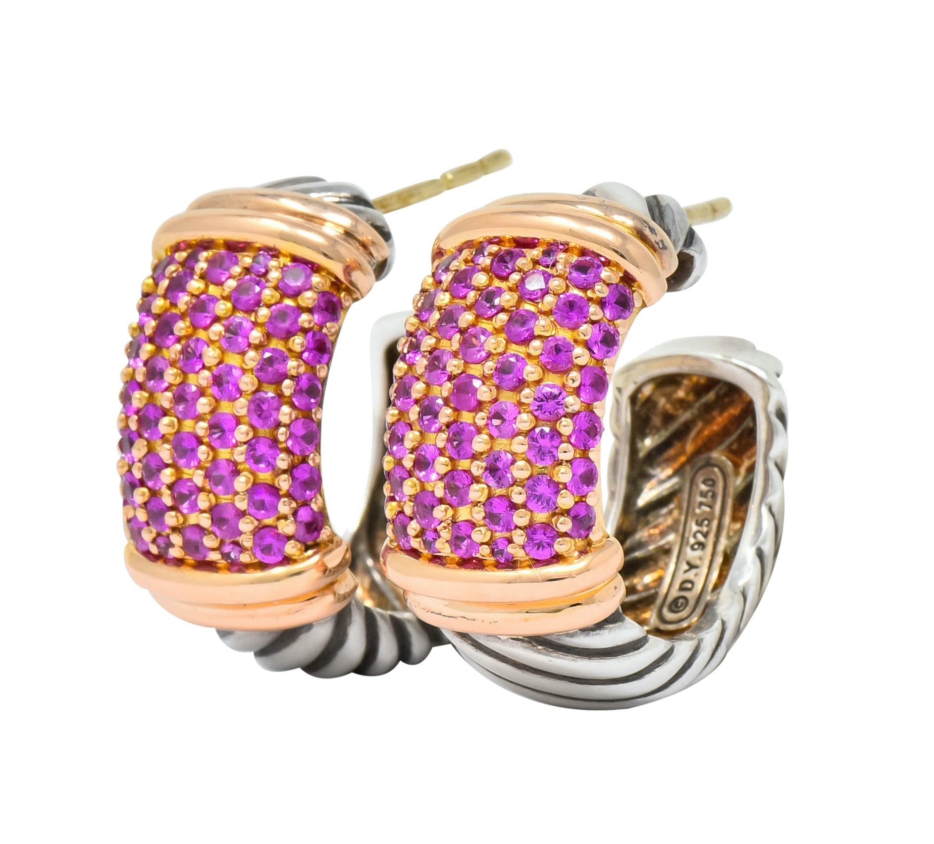 David Yurman 2.00 CTW Pink Sapphire Sterling Silver 18 Karat Rose Gold Metro Hoop Earrings - Wilson's Estate Jewelry