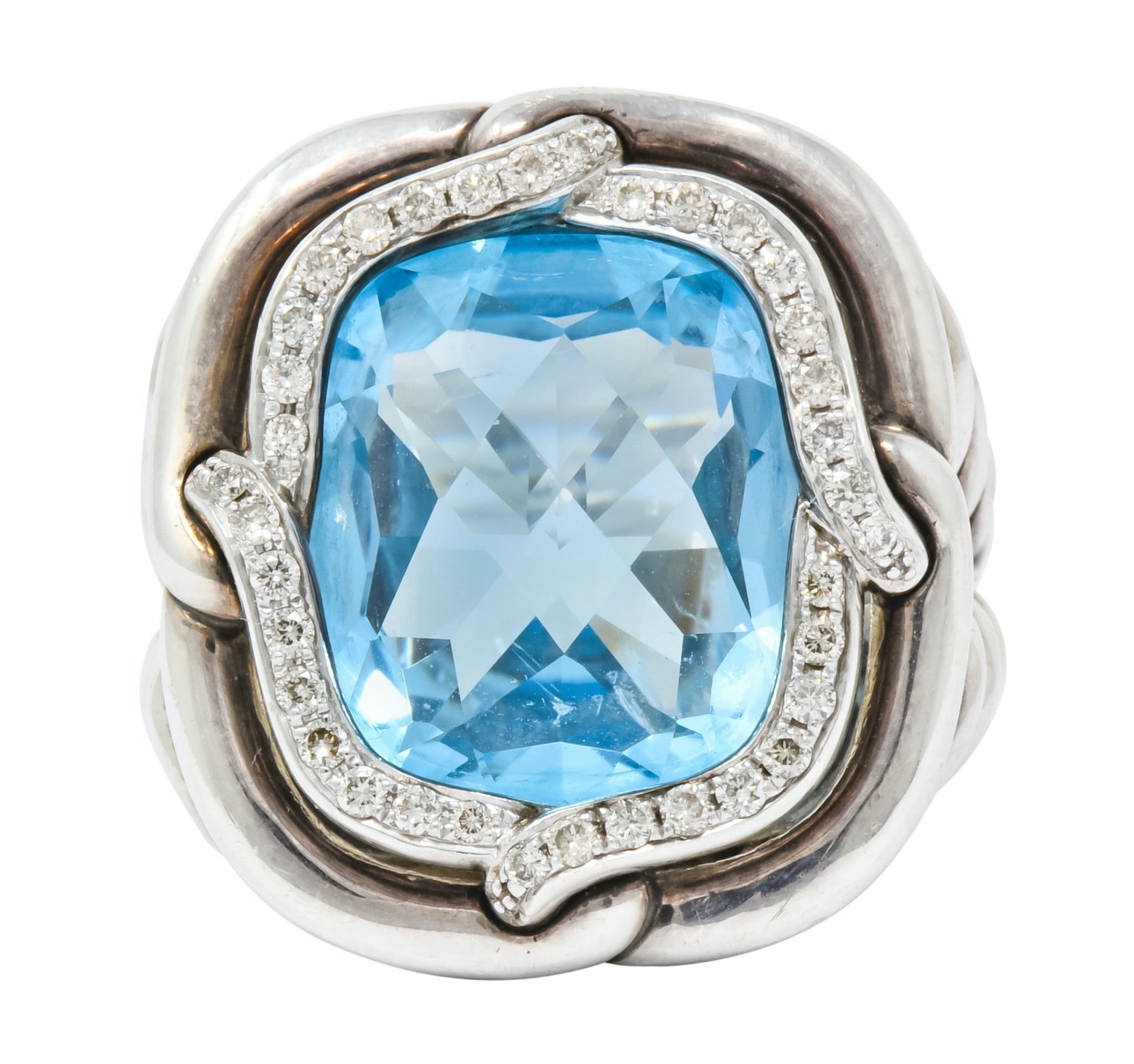 David Yurman Blue Topaz Diamond Sterling Silver 14 Karat Gold Labyrinth Ring - Wilson's Estate Jewelry