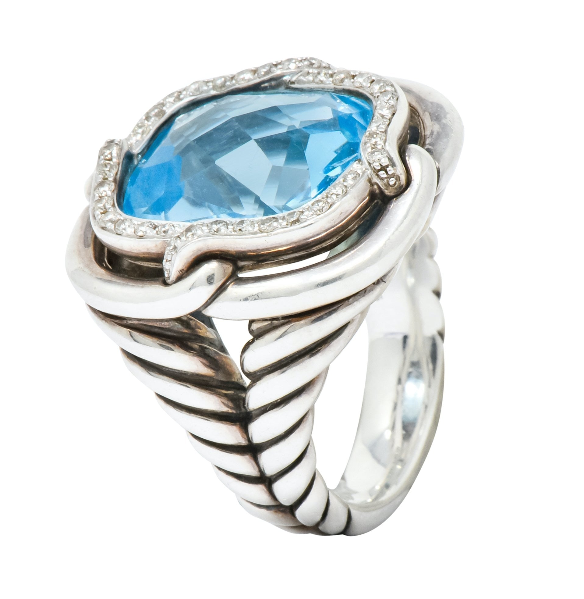 David Yurman Blue Topaz Diamond Sterling Silver 14 Karat Gold Labyrinth Ring - Wilson's Estate Jewelry