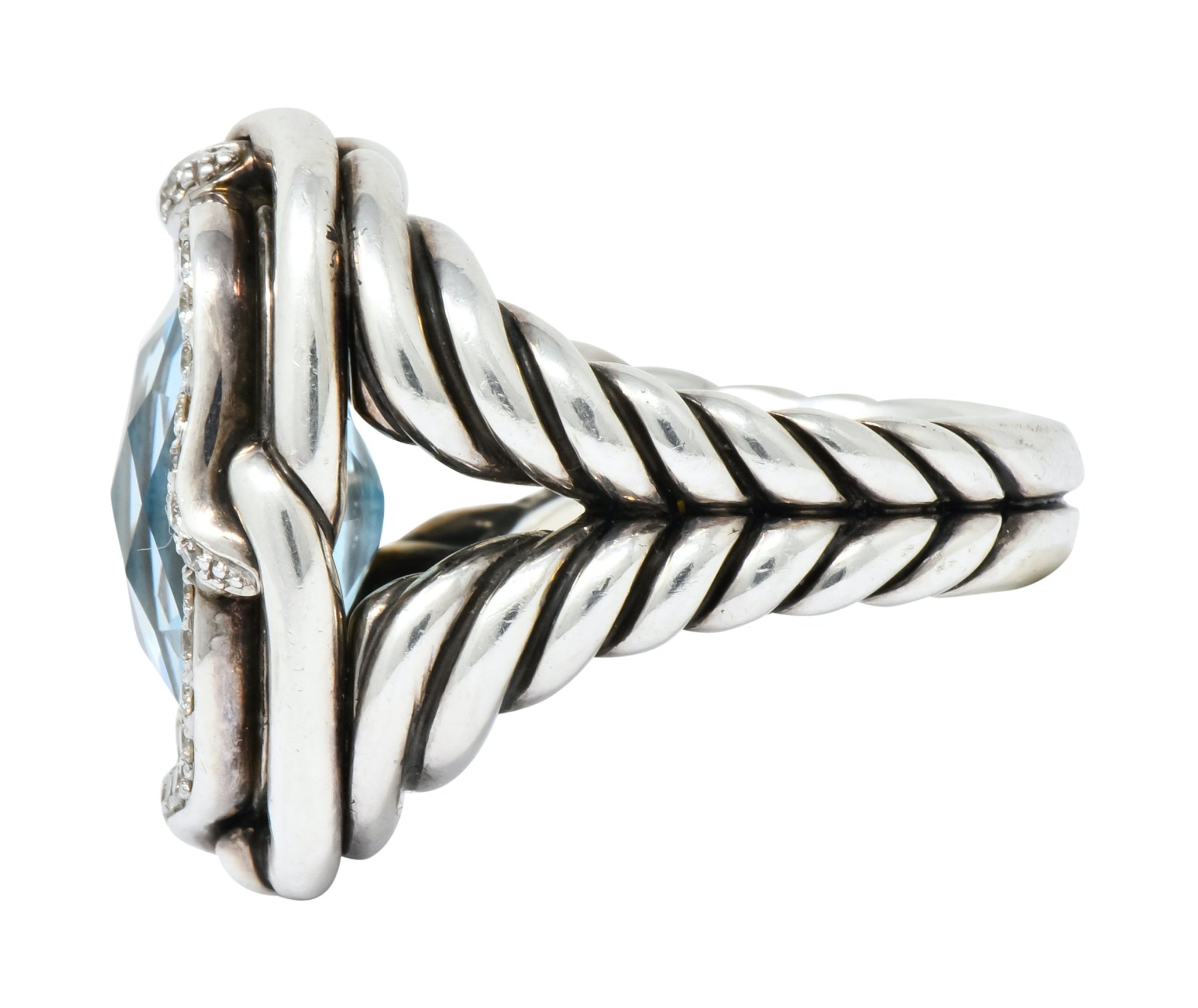 David Yurman Blue Topaz Diamond Sterling Silver 14 Karat Gold Labyrinth Ring - Wilson's Estate Jewelry