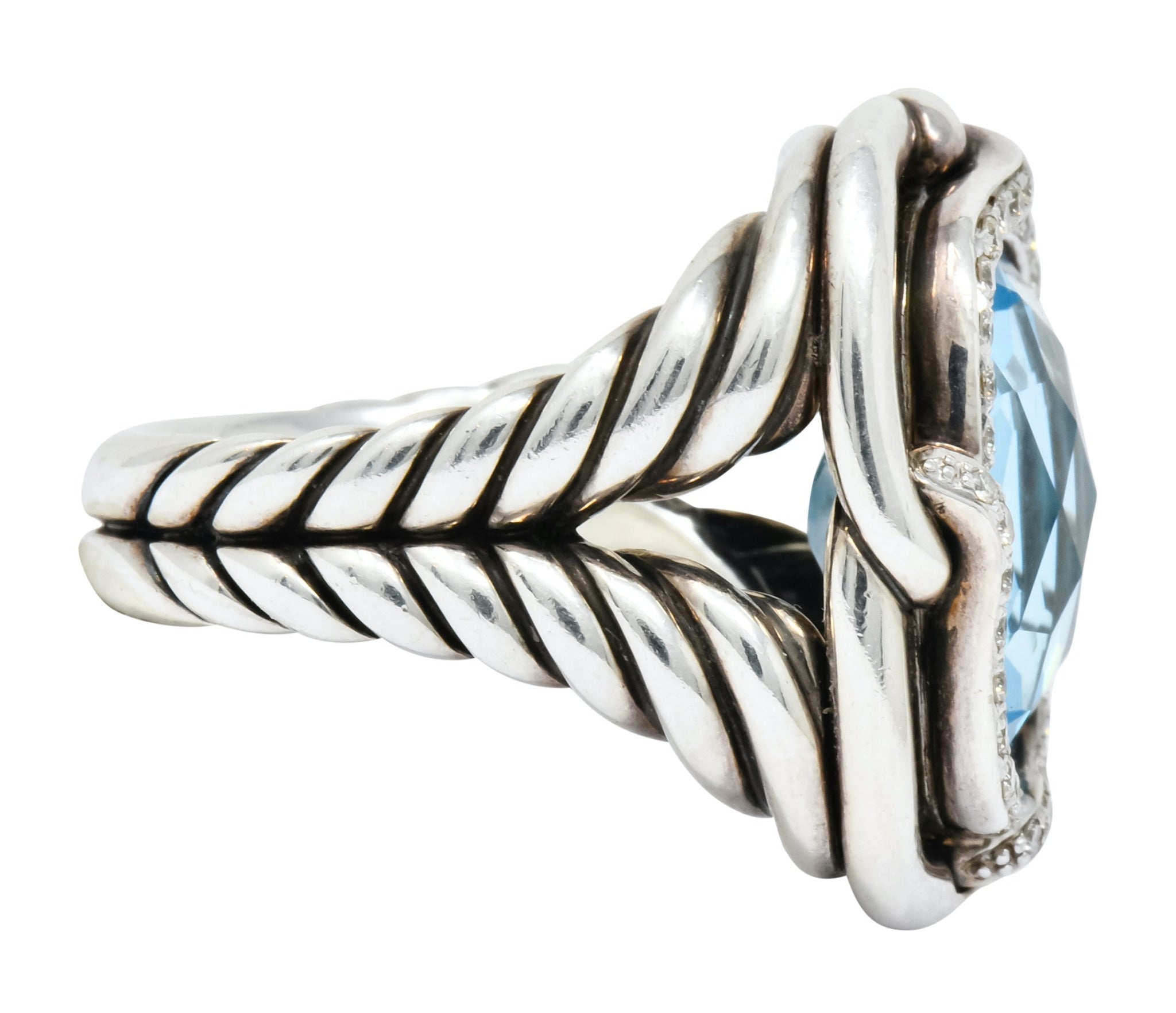 David Yurman Blue Topaz Diamond Sterling Silver 14 Karat Gold Labyrinth Ring - Wilson's Estate Jewelry