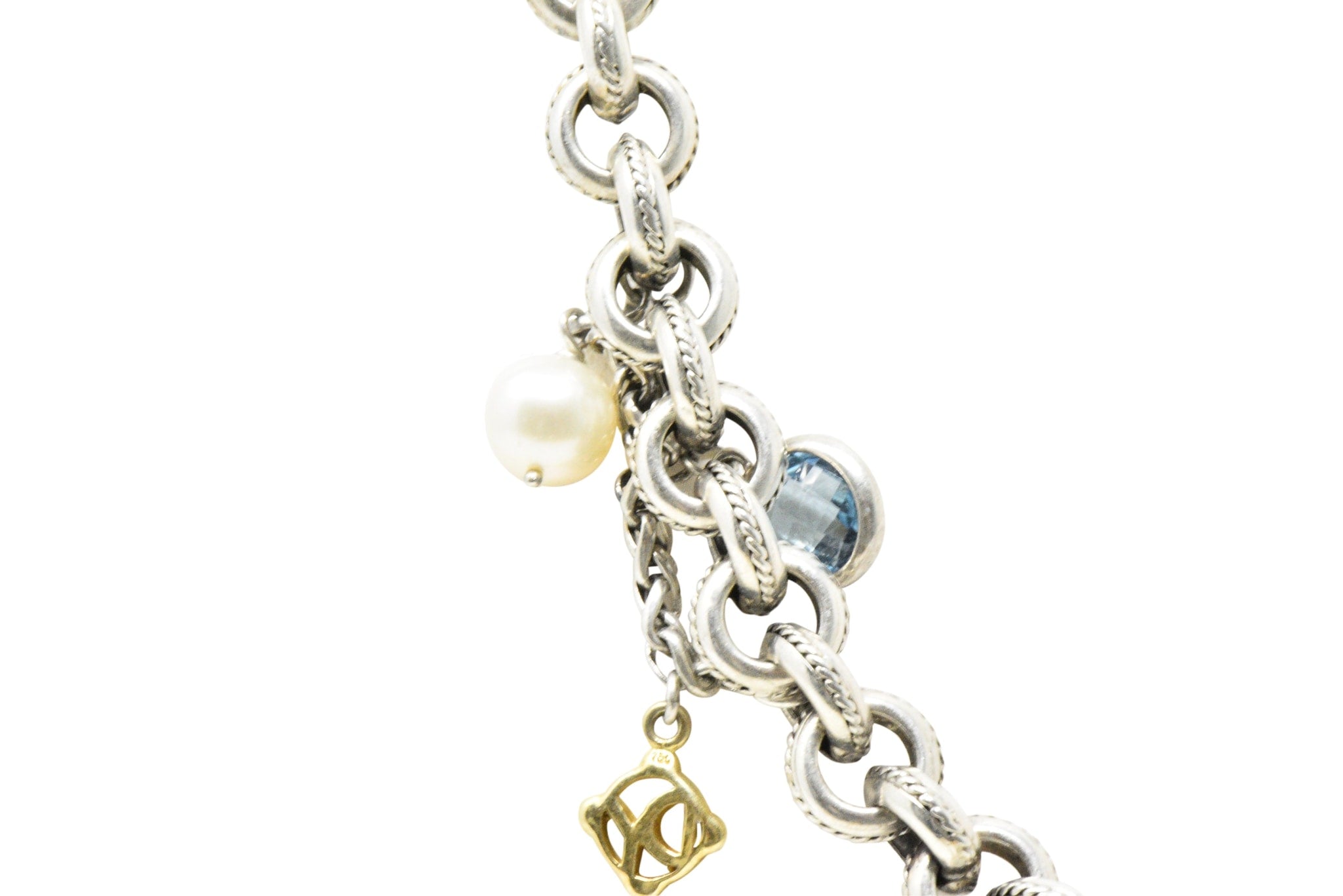 David Yurman Blue Topaz Pearl Turquoise 18 Karat Yellow Gold Sterling Silver Necklace Wilson's Estate Jewelry