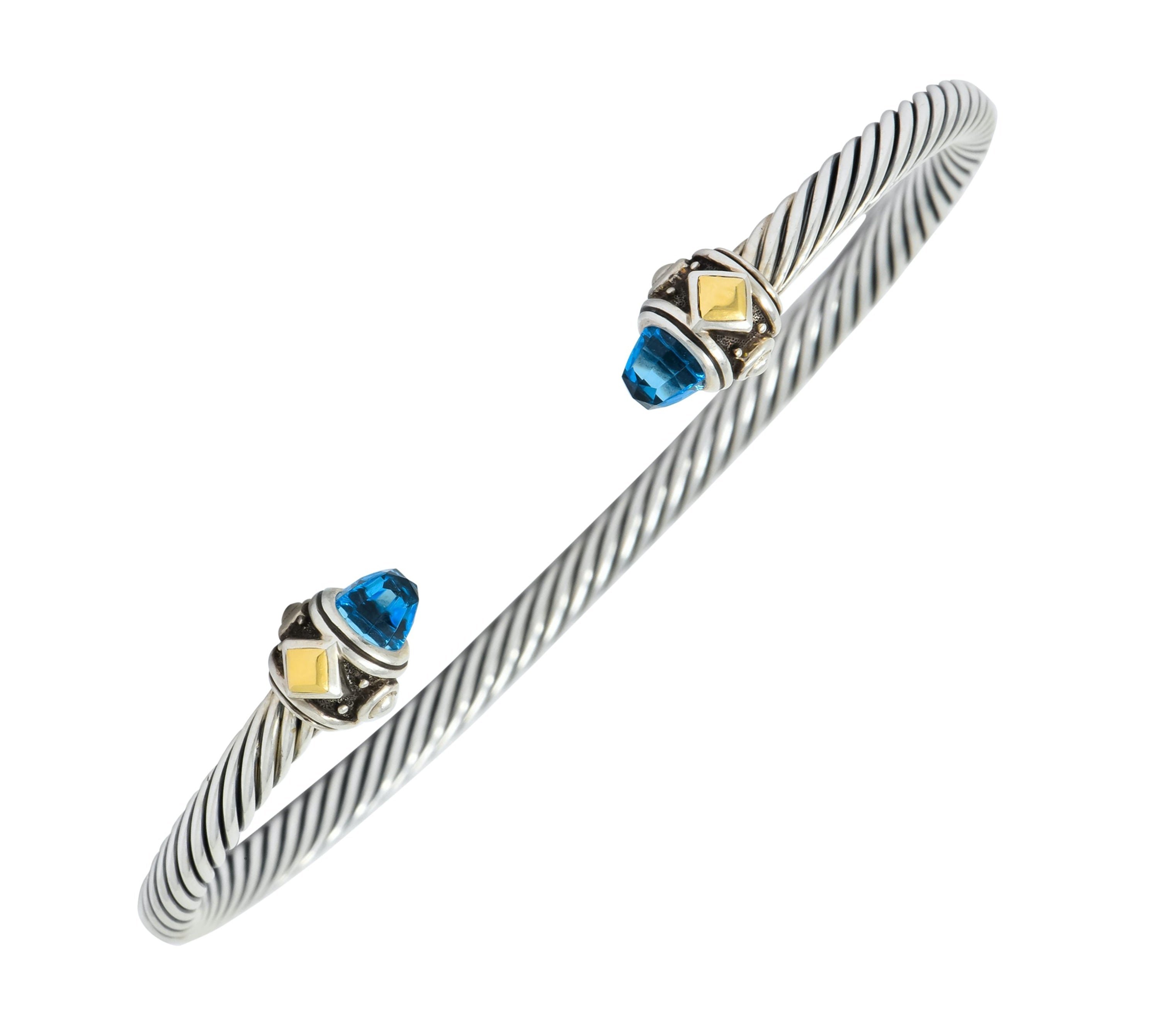 David Yurman Blue Topaz Sterling Silver 18 Karat Gold Renaissance Cable Cuff Bracelet - Wilson's Estate Jewelry