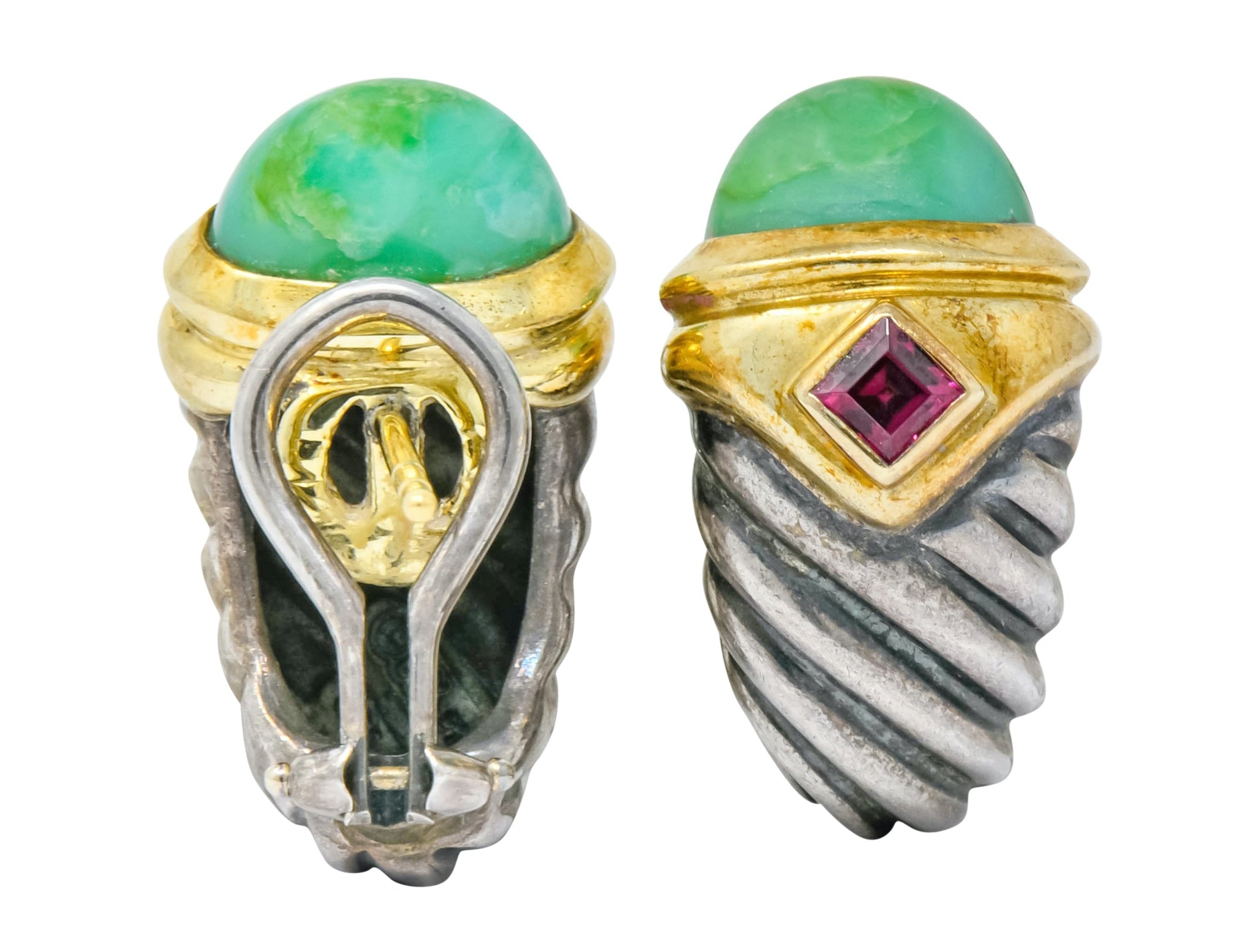 David Yurman Chrysoprase Garnet 14 Karat Gold Sterling Silver Renaissance Earrings - Wilson's Estate Jewelry