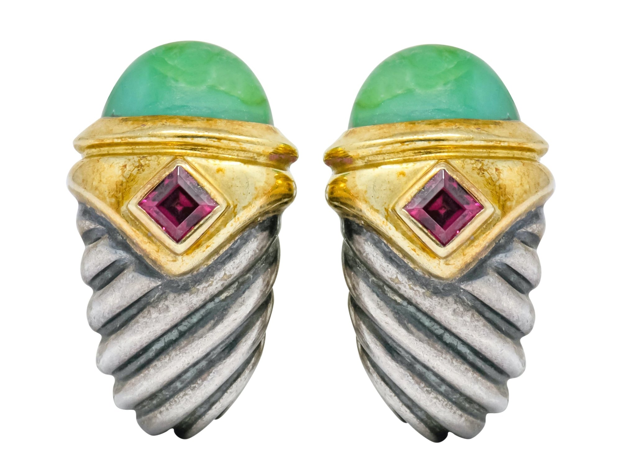 David Yurman Chrysoprase Garnet 14 Karat Gold Sterling Silver Renaissance Earrings - Wilson's Estate Jewelry