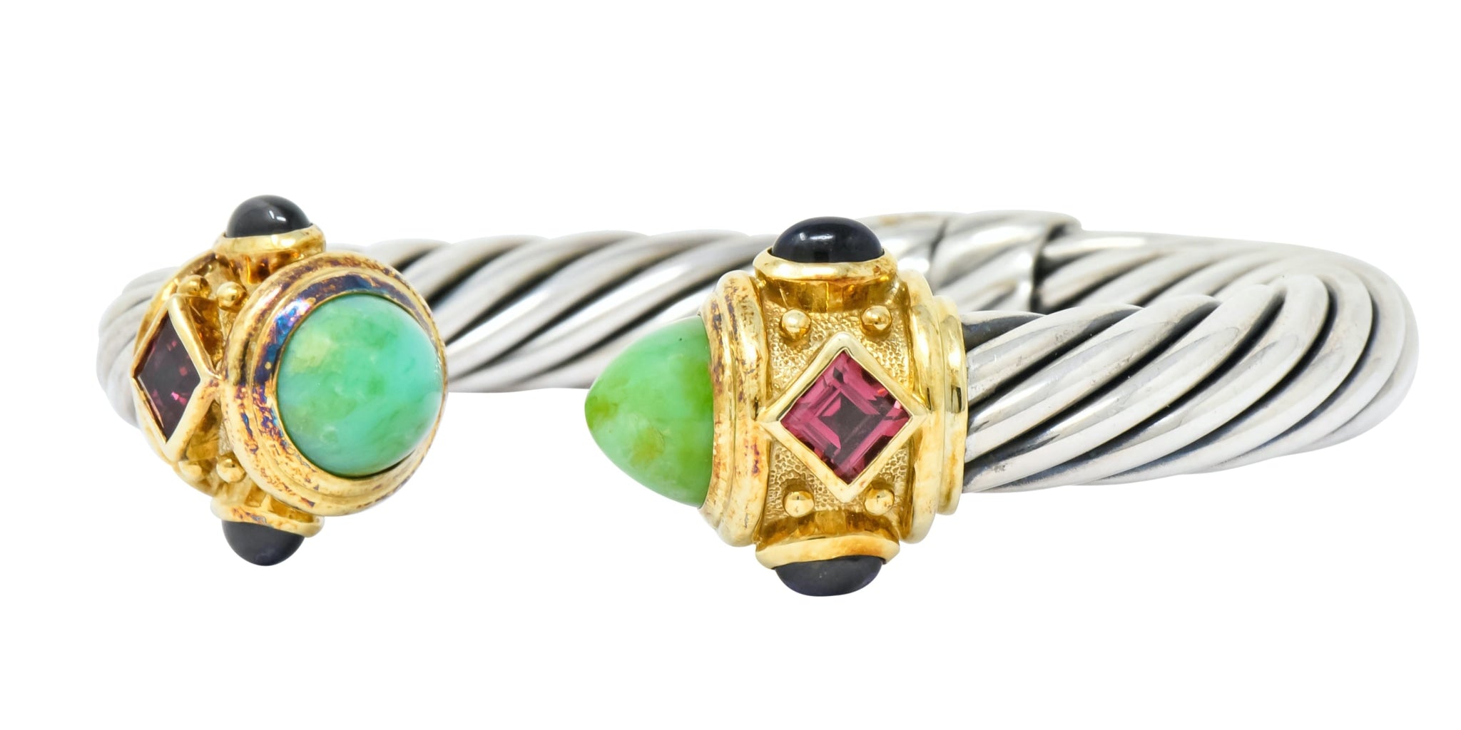 David Yurman Chrysoprase Iolite Garnet 14 Karat Gold Sterling Silver Renaissance Cuff Bracelet - Wilson's Estate Jewelry