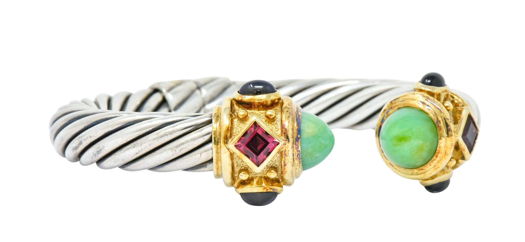 David Yurman Chrysoprase Iolite Garnet 14 Karat Gold Sterling Silver Renaissance Cuff Bracelet - Wilson's Estate Jewelry