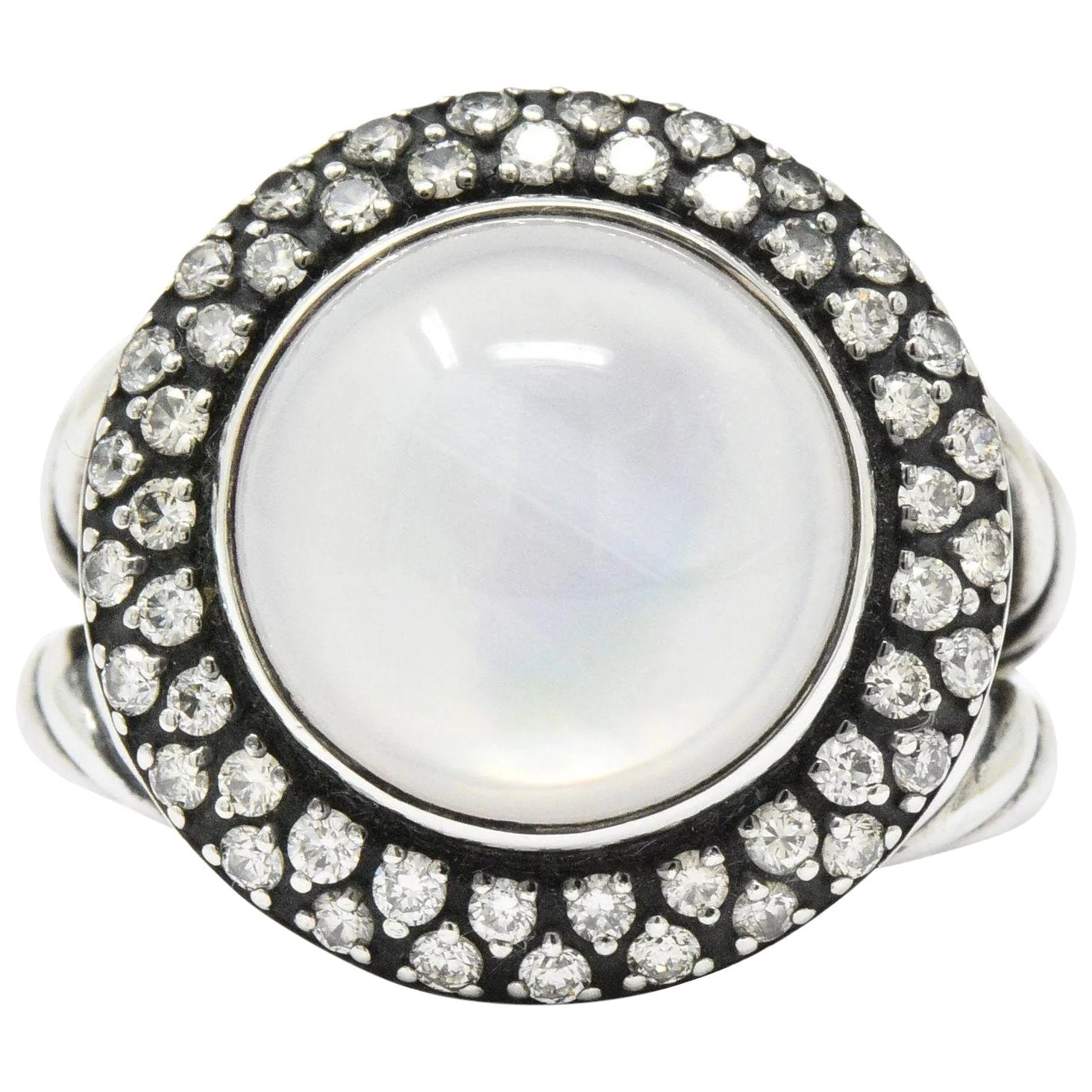 David Yurman Moonstone Mother Of Pearl .65 CTW Diamond Cable Twist Sterling Silver Ring Wilson's Estate Jewelry