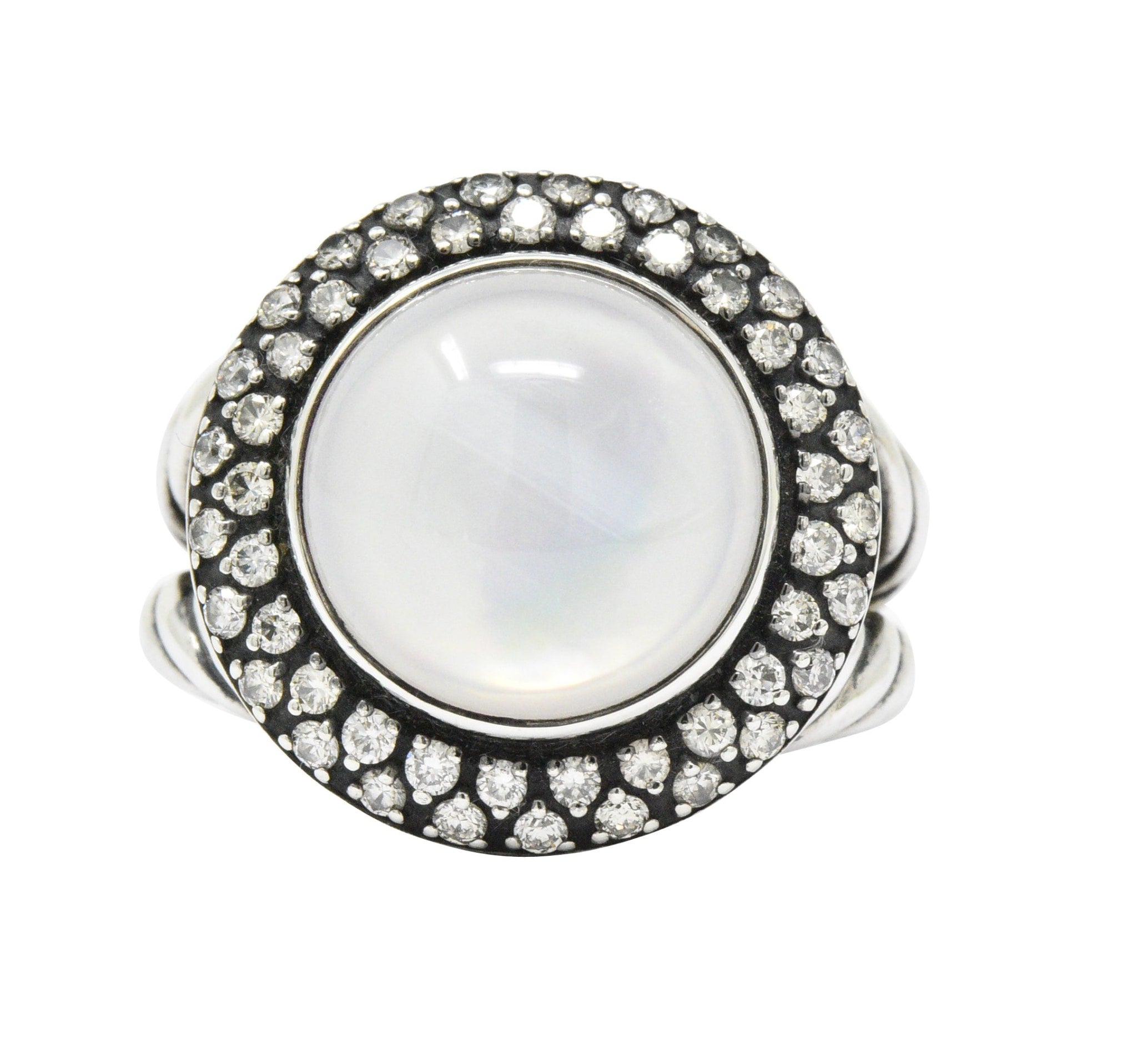 David Yurman Moonstone Mother Of Pearl .65 CTW Diamond Cable Twist Sterling Silver Ring Wilson's Estate Jewelry