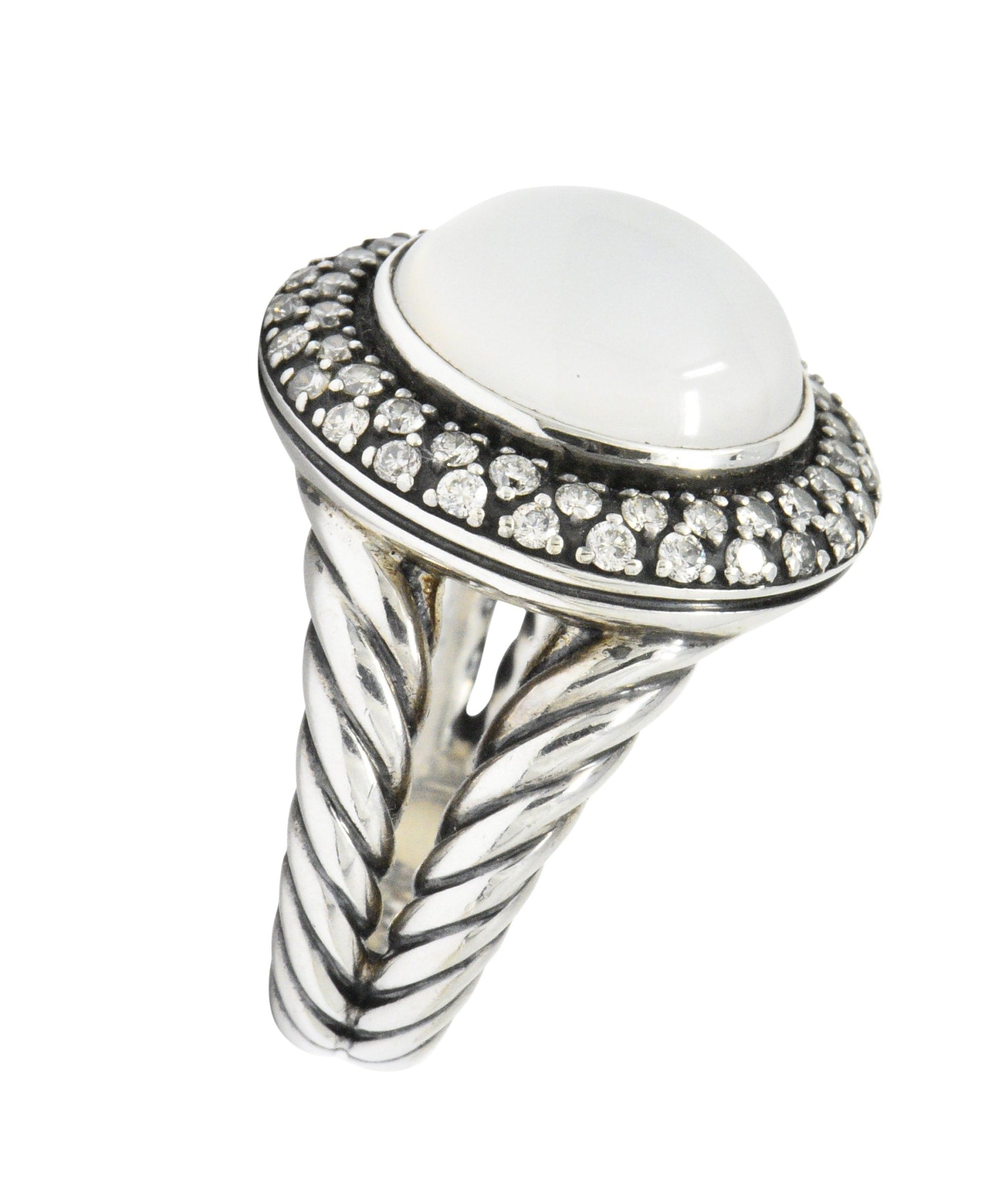 David Yurman Moonstone Mother Of Pearl .65 CTW Diamond Cable Twist Sterling Silver Ring Wilson's Estate Jewelry