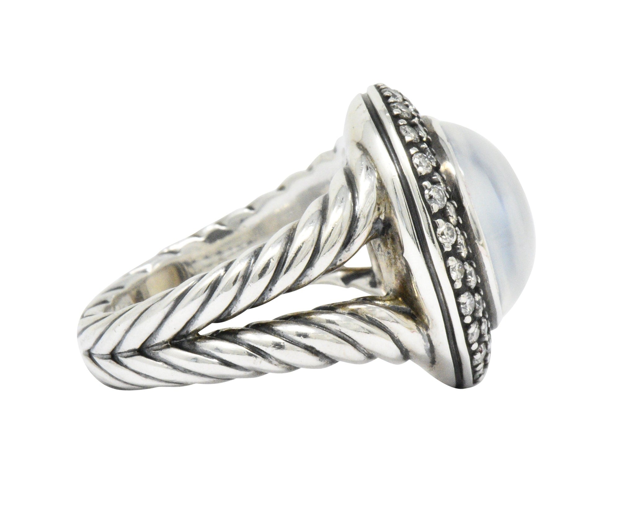 David Yurman Moonstone Mother Of Pearl .65 CTW Diamond Cable Twist Sterling Silver Ring Wilson's Estate Jewelry