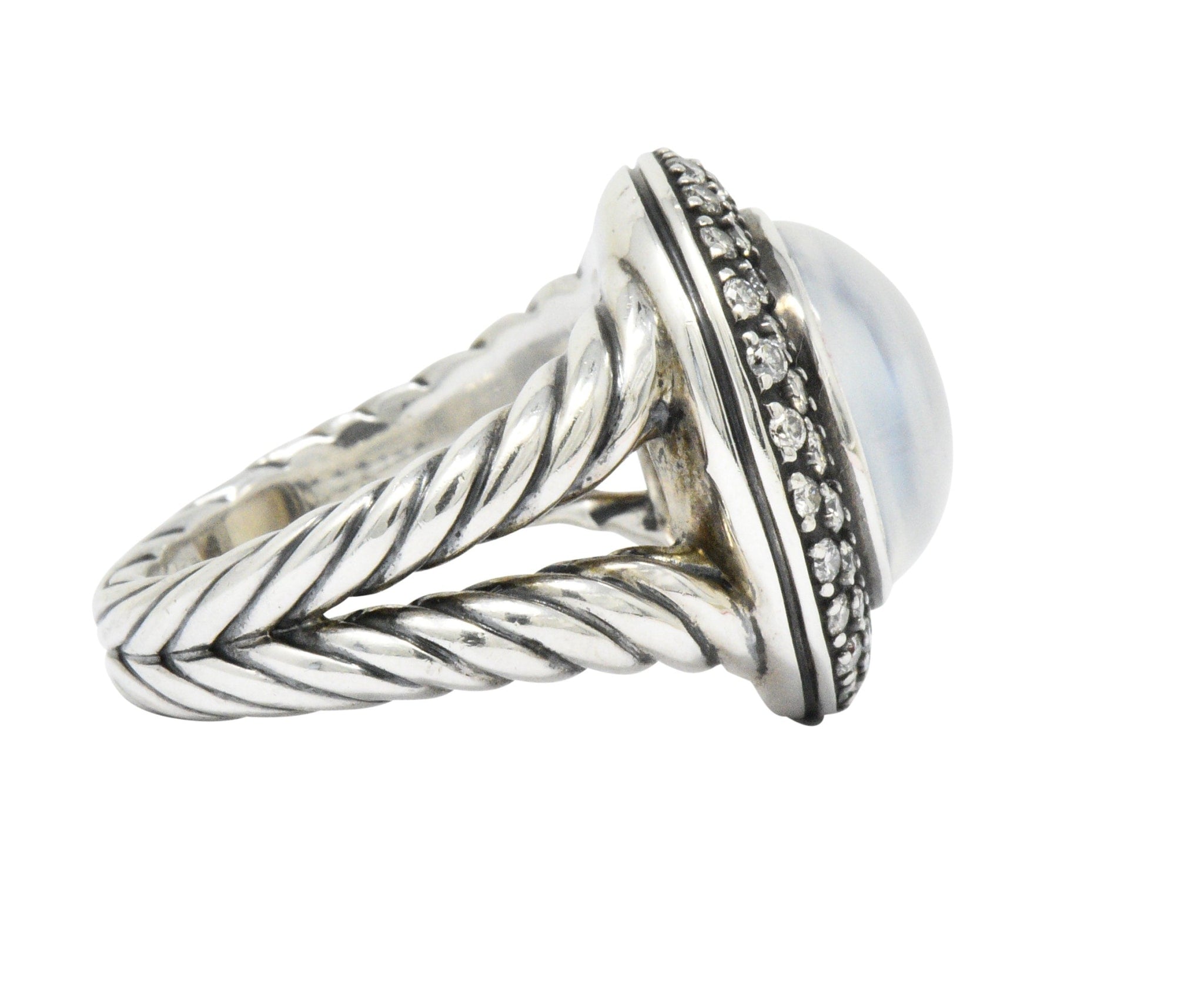 David Yurman Moonstone Mother Of Pearl .65 CTW Diamond Cable Twist Sterling Silver Ring Wilson's Estate Jewelry