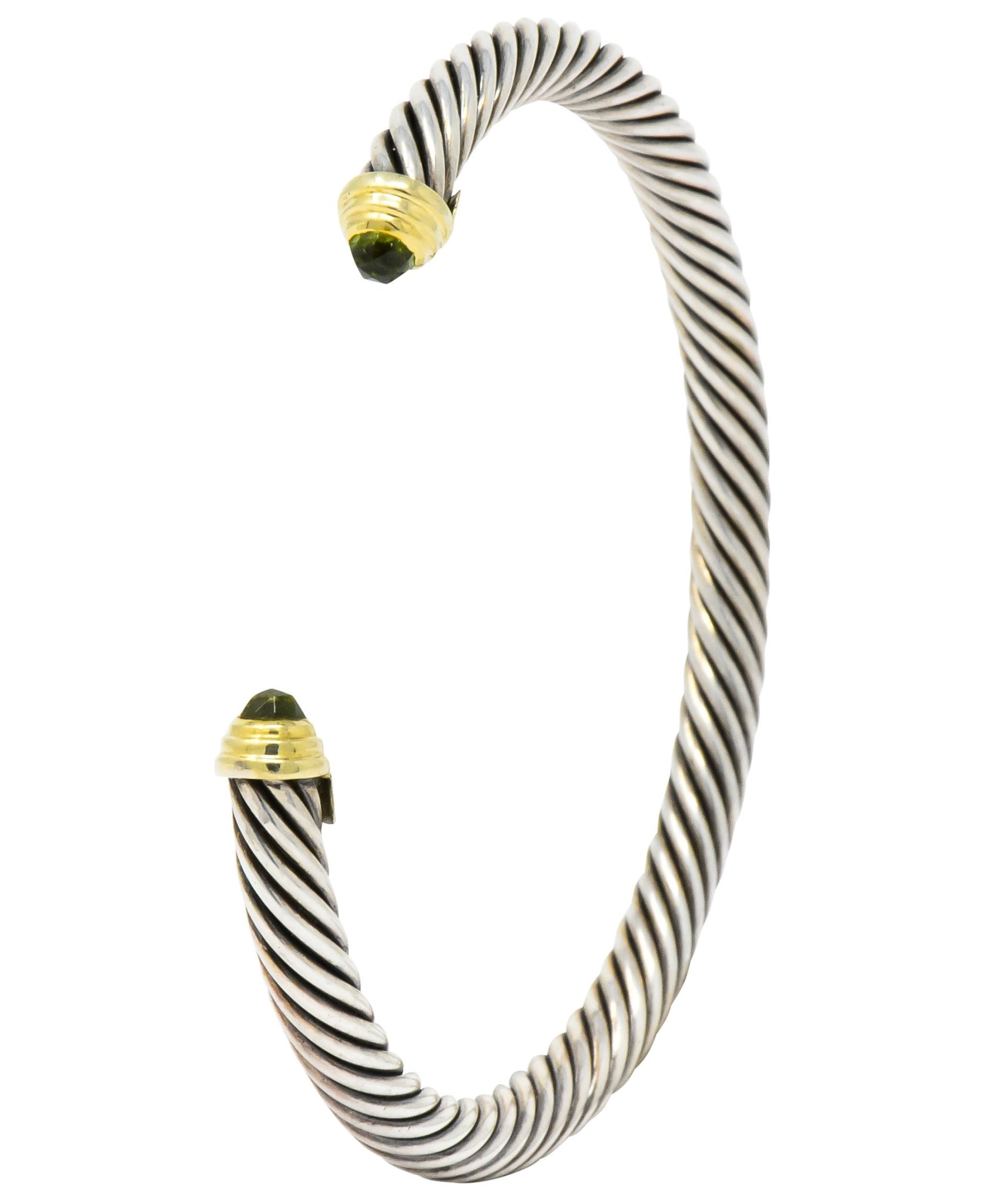 David Yurman Peridot Sterling Silver 14 Karat Gold Cable Classics Cuff Bracelet - Wilson's Estate Jewelry