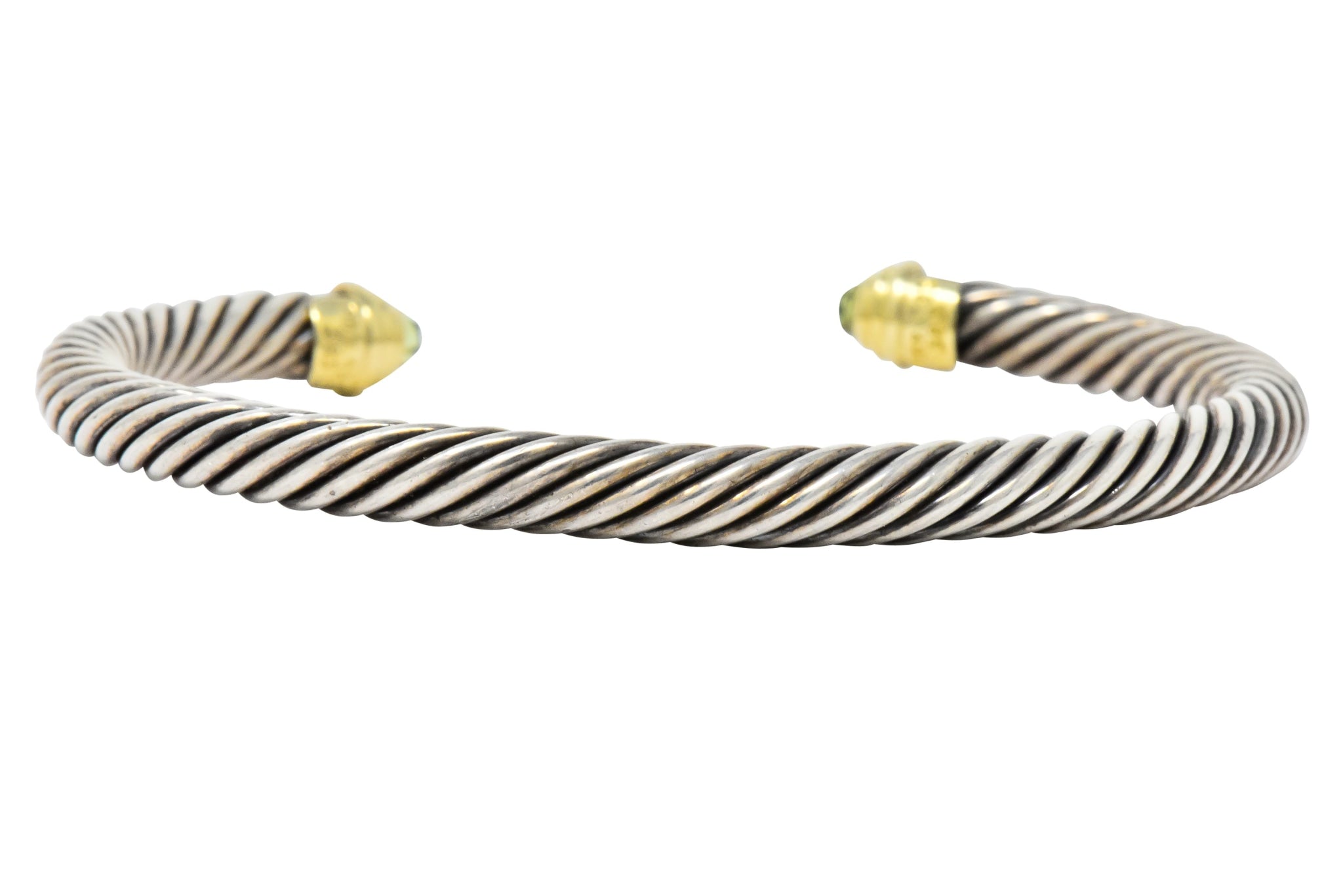 David Yurman Peridot Sterling Silver 14 Karat Gold Cable Classics Cuff Bracelet - Wilson's Estate Jewelry