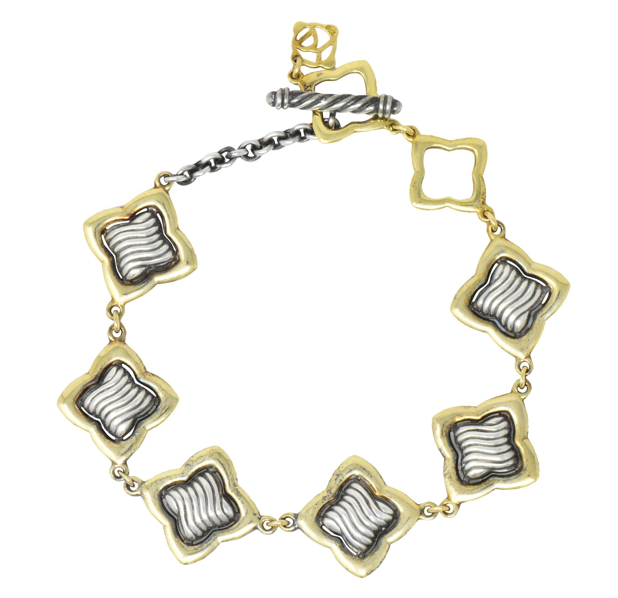 David Yurman Quatrefoil 18 Karat Gold Sterling Silver Link Bracelet Wilson's Estate Jewelry