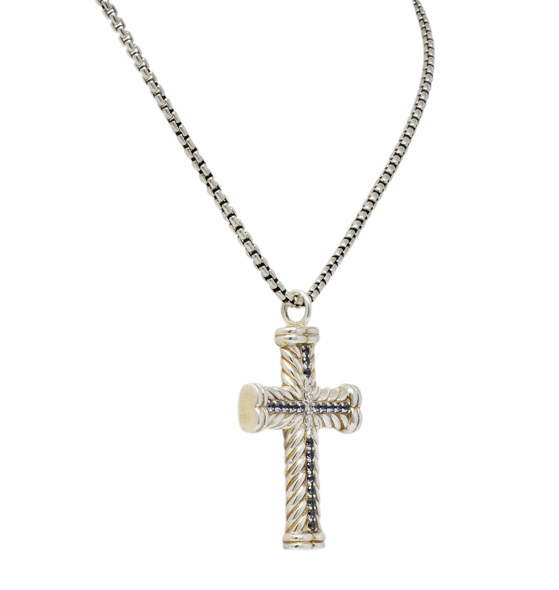 David Yurman Unisex 1.00 CTW Diamond Topaz Sterling Silver Chevron Cross Pendant Necklace - Wilson's Estate Jewelry