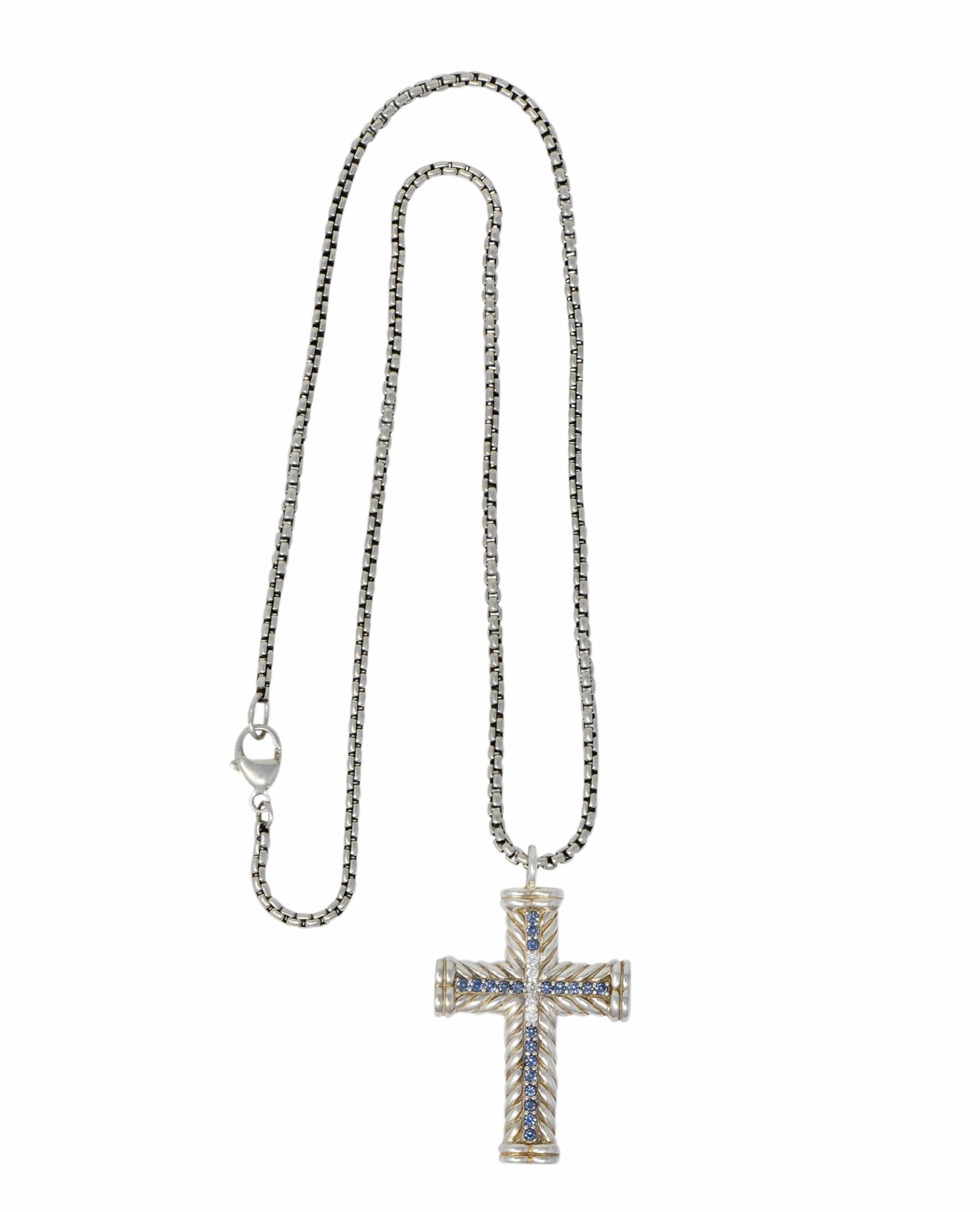 David Yurman Unisex 1.00 CTW Diamond Topaz Sterling Silver Chevron Cross Pendant Necklace - Wilson's Estate Jewelry