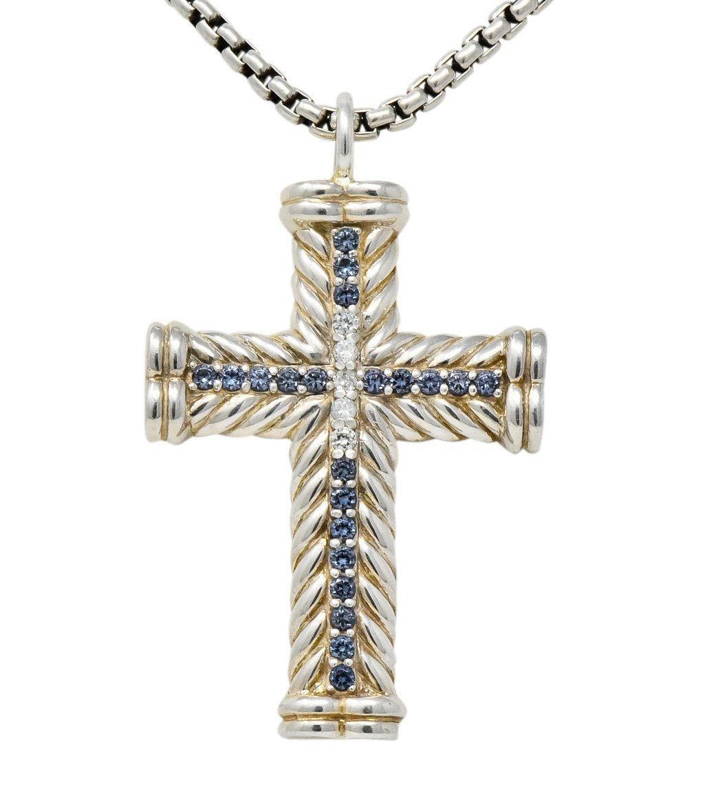 David Yurman Unisex 1.00 CTW Diamond Topaz Sterling Silver Chevron Cross Pendant Necklace - Wilson's Estate Jewelry