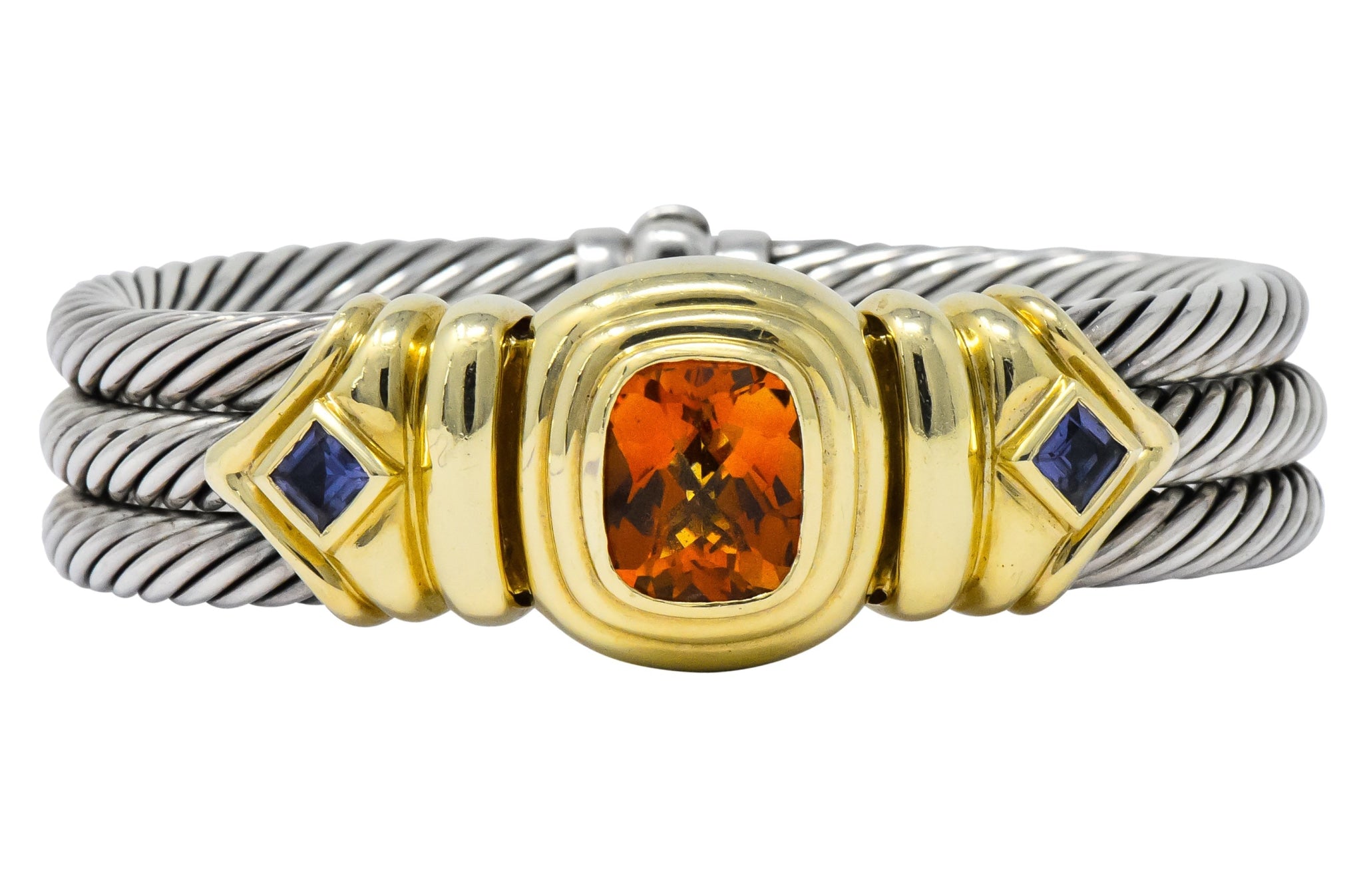 David Yurman Vintage Citrine Iolite Sterling Silver 14 Karat Gold Triple Cable Bracelet - Wilson's Estate Jewelry