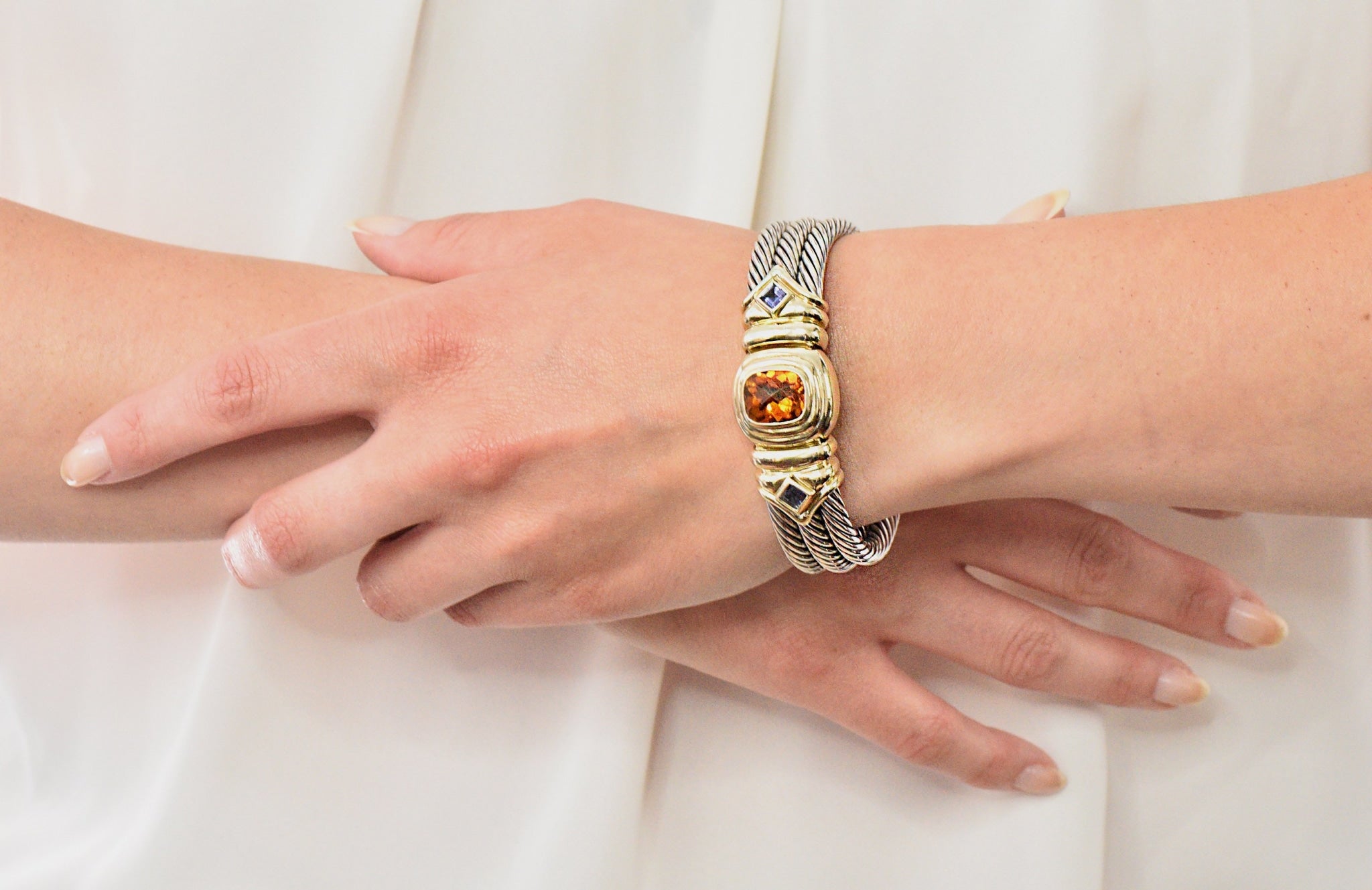 David Yurman Vintage Citrine Iolite Sterling Silver 14 Karat Gold Triple Cable Bracelet - Wilson's Estate Jewelry