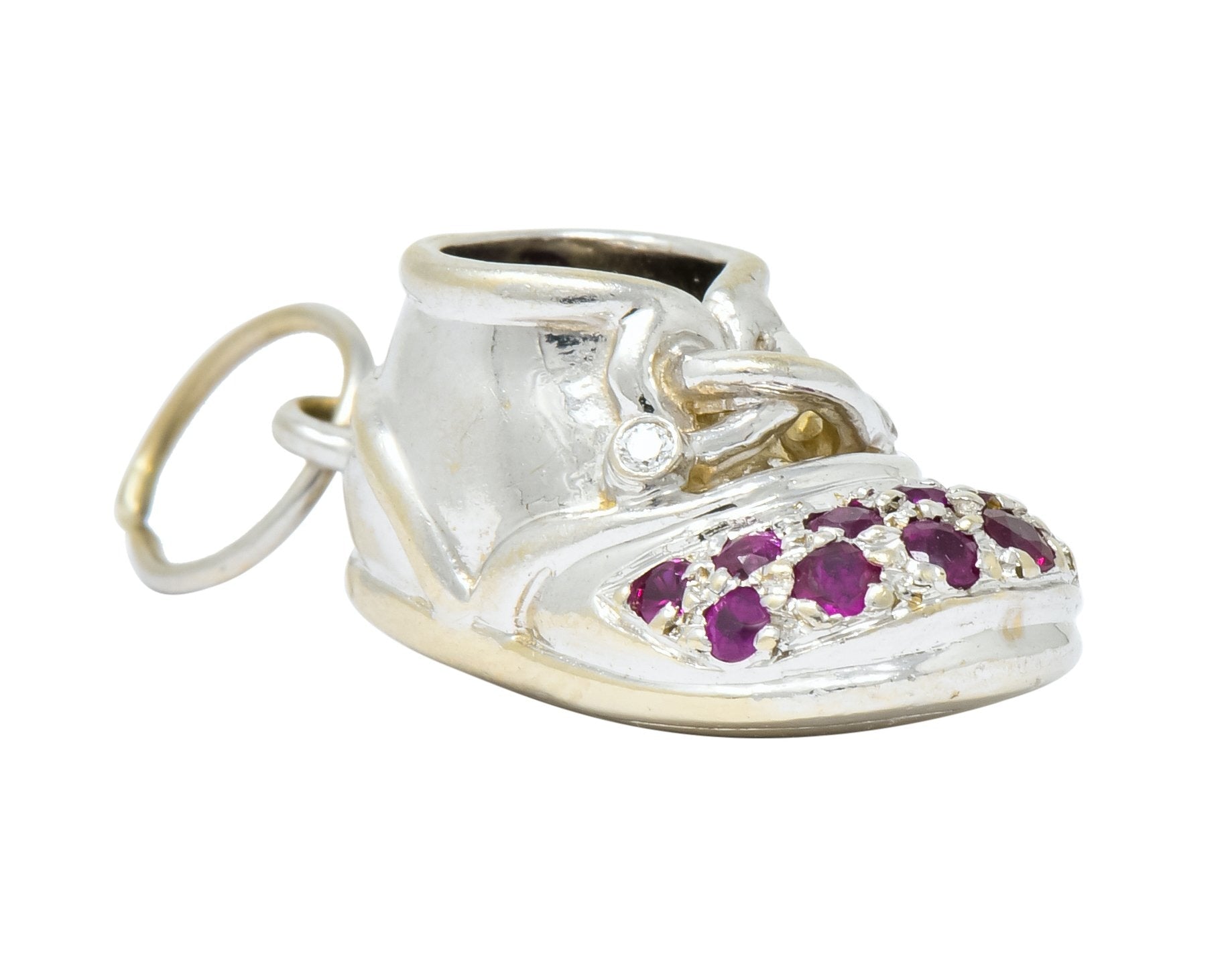 Diamond 0.25 CTW Pink Sapphire 18 Karat Gold Baby Shoe Charm - Wilson's Estate Jewelry