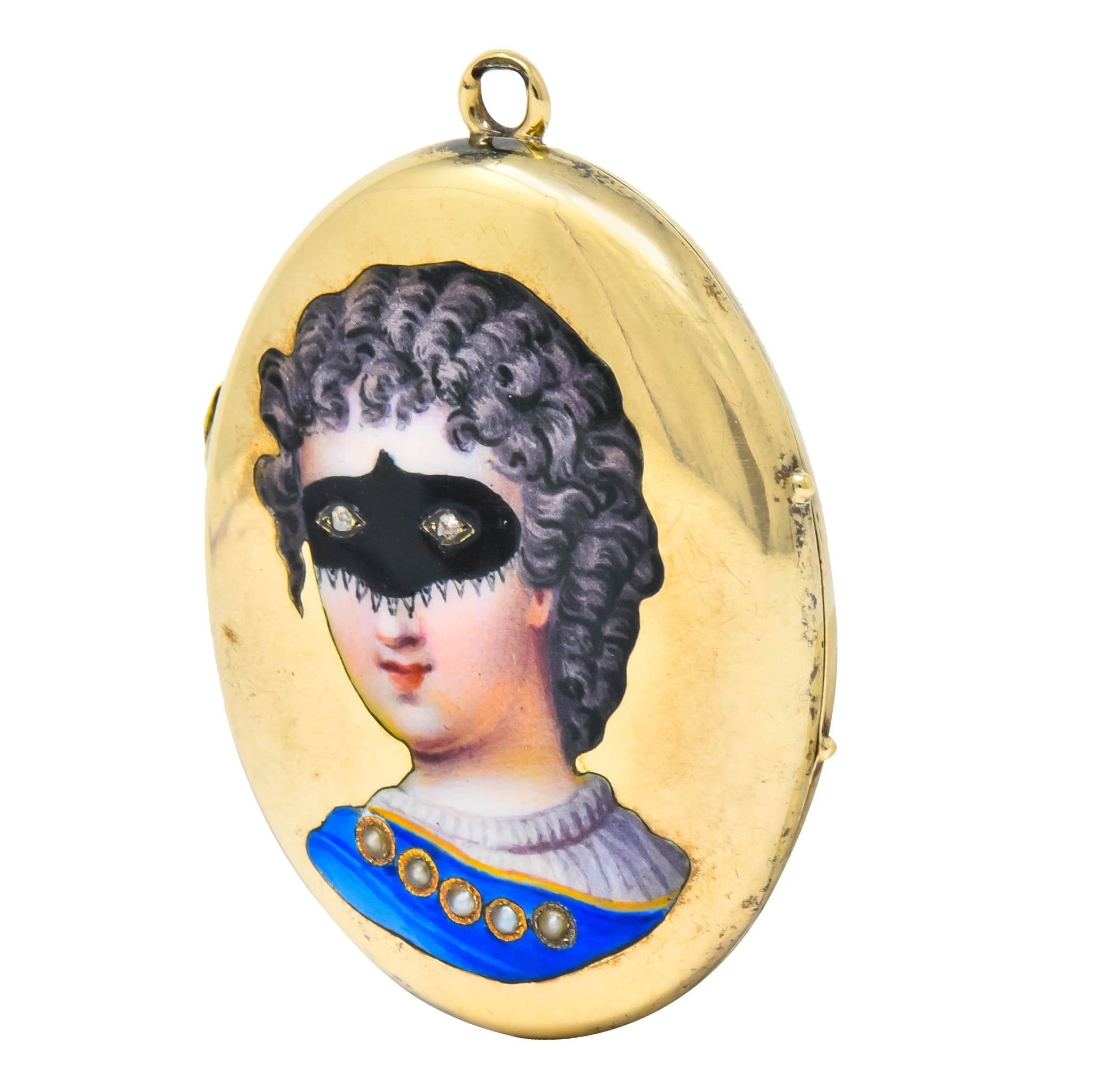 Early Victorian Enamel Rose Cut Diamond 14 Karat Gold Masquerade Mourning Locket Pendant - Wilson's Estate Jewelry
