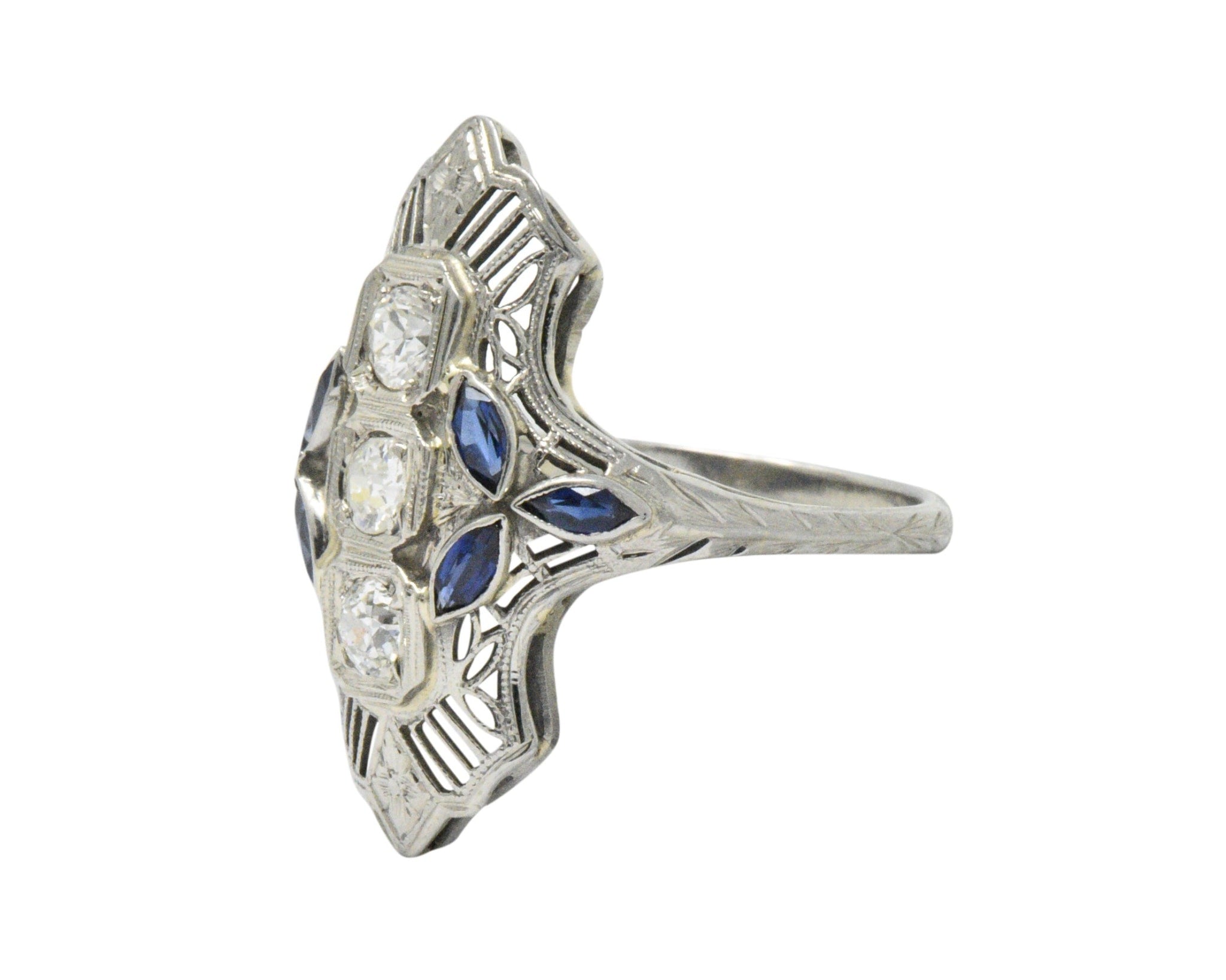 Edwardian 0.35 CTW Diamond Synthetic Sapphire 18 Karat White Gold Dinner Ring Wilson's Estate Jewelry