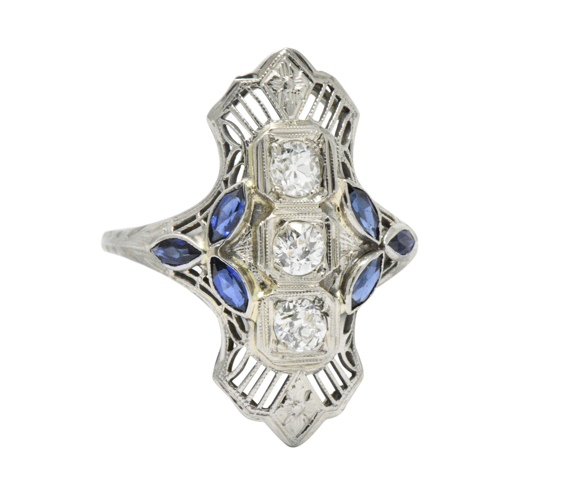 Edwardian 0.35 CTW Diamond Synthetic Sapphire 18 Karat White Gold Dinner Ring Wilson's Estate Jewelry