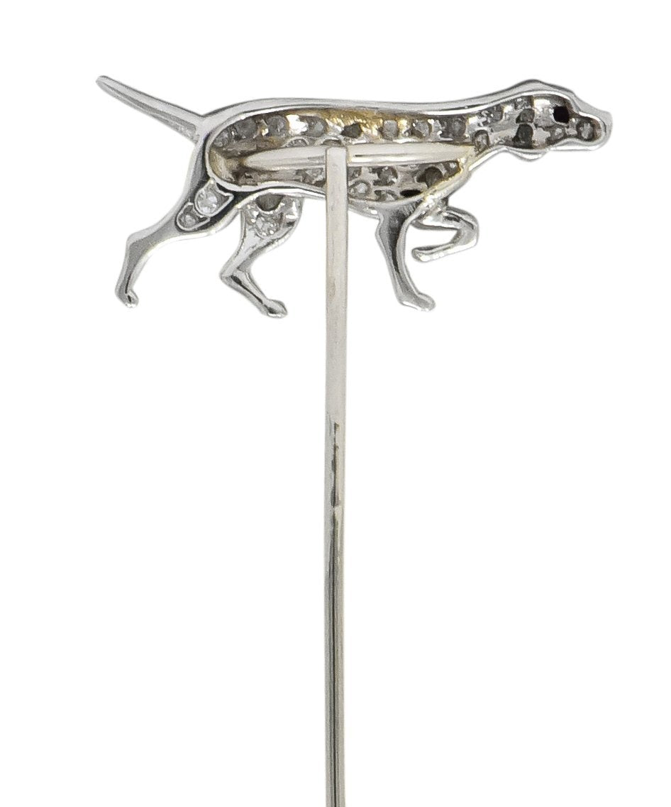 Edwardian 0.50 CTW Diamond Ruby Platinum White Gold English Pointer Dog Stickpin - Wilson's Estate Jewelry