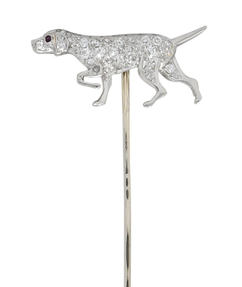 Edwardian 0.50 CTW Diamond Ruby Platinum White Gold English Pointer Dog Stickpin - Wilson's Estate Jewelry