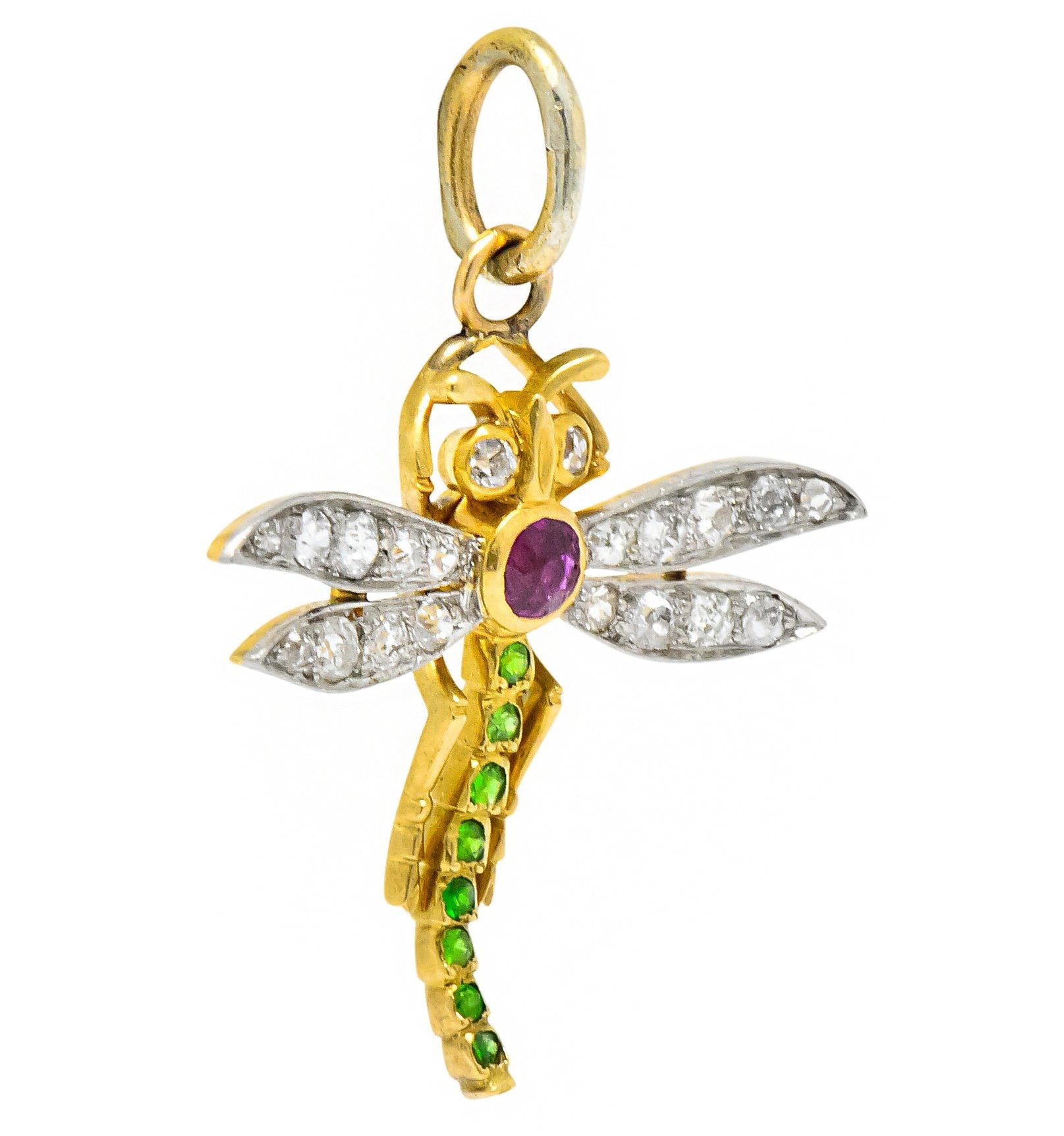 Edwardian 0.75 CTW Diamond Ruby Demantoid Garnet Platinum 18 Karat Gold Dragonfly Charm Pendant - Wilson's Estate Jewelry