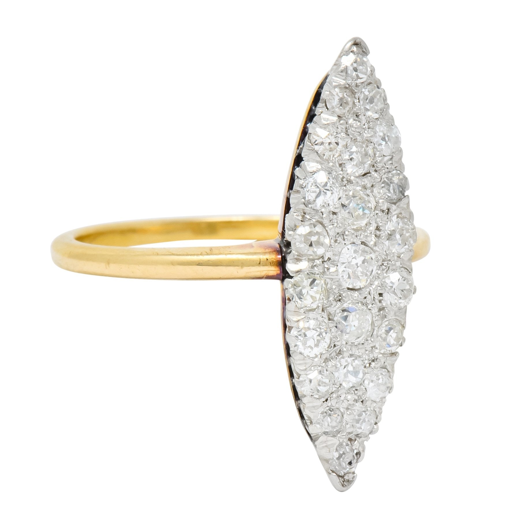 Edwardian 0.88 CTW Diamond Platinum-Topped 14 Karat Gold Navette Cluster Ring - Wilson's Estate Jewelry