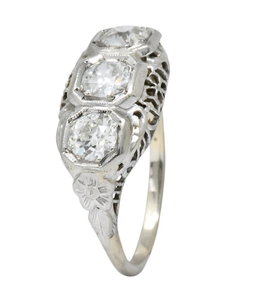 Edwardian 1.00 CTW Diamond Platinum-Topped 14 Karat White Gold Three Stone Ring - Wilson's Estate Jewelry