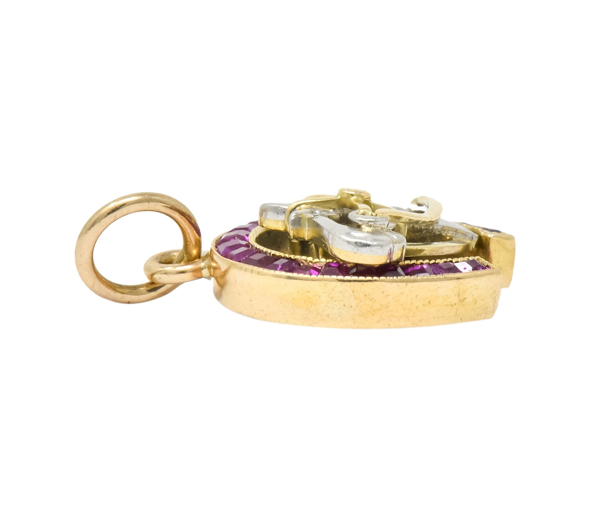 Edwardian 1.03 CTW Ruby Diamond 18 Karat Gold Platinum Horseshoe Horse Charm - Wilson's Estate Jewelry