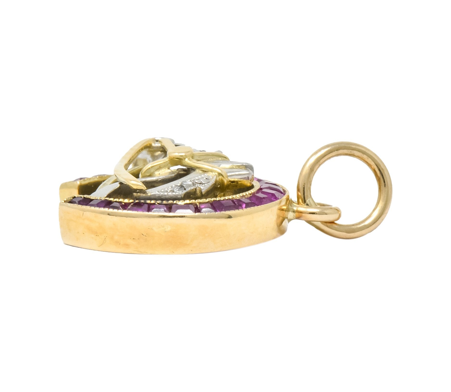 Edwardian 1.03 CTW Ruby Diamond 18 Karat Gold Platinum Horseshoe Horse Charm - Wilson's Estate Jewelry