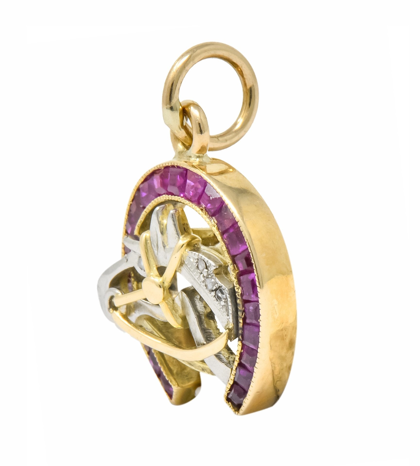 Edwardian 1.03 CTW Ruby Diamond 18 Karat Gold Platinum Horseshoe Horse Charm - Wilson's Estate Jewelry