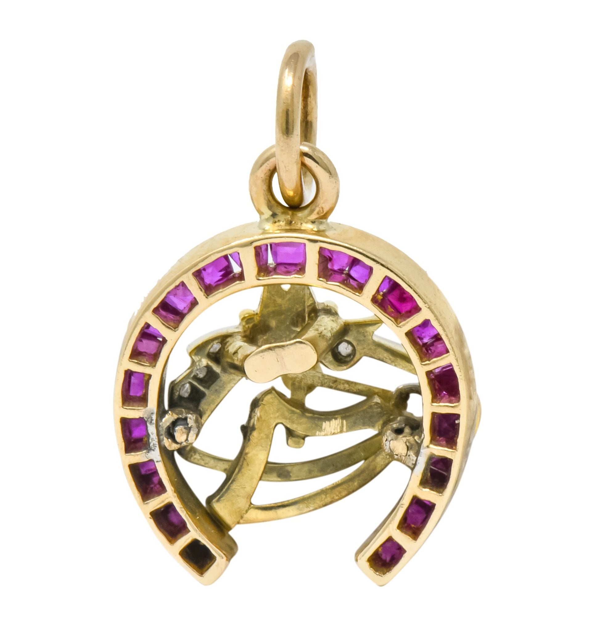 Edwardian 1.03 CTW Ruby Diamond 18 Karat Gold Platinum Horseshoe Horse Charm - Wilson's Estate Jewelry