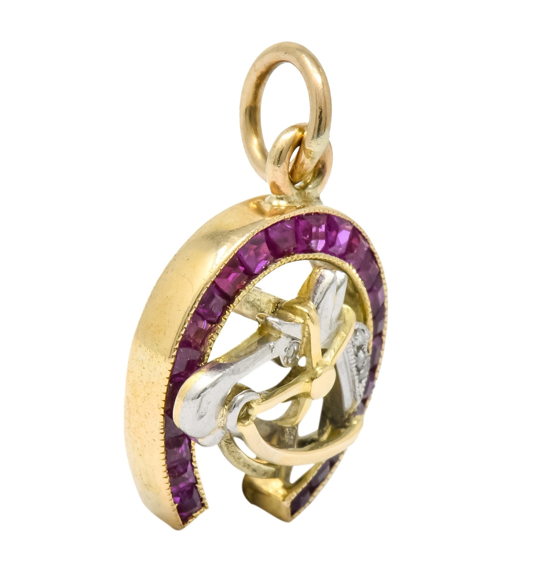 Edwardian 1.03 CTW Ruby Diamond 18 Karat Gold Platinum Horseshoe Horse Charm - Wilson's Estate Jewelry